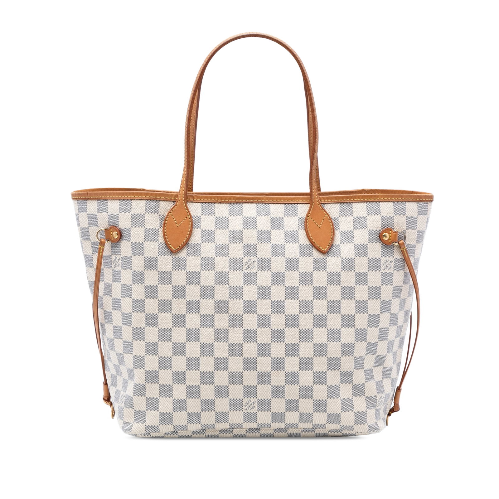 Neverfull MM Tote in Damier Azur Canvas with Vachetta Leather Trim: Neverfull MM Tote in Damier Azur Canvas with Vachetta Leather Trim This Louis Vuitton Neverfull MM features the signature Damier Azur canvas with vachetta leather trim and flat vachetta leather straps