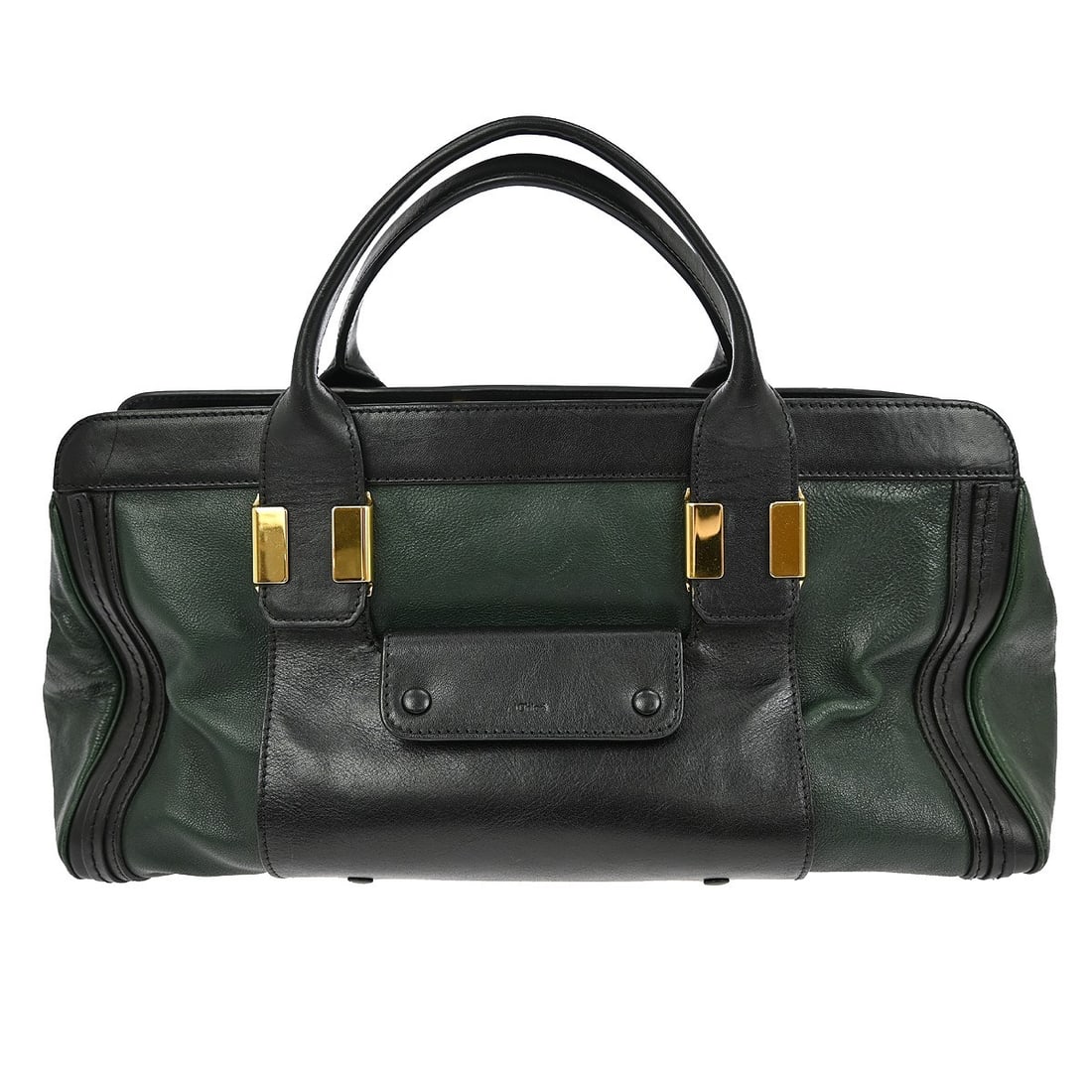 Chloe Alice Medium Black Leather Top Handle Bag 04-12-62-65: Chloe Alice Medium Black Leather Top Handle Bag 04-12-62-65 This is a Chloe Alice top handle handbag in black leather, featuring gold-colored hardware and double leather handles. The medium-sized bag 