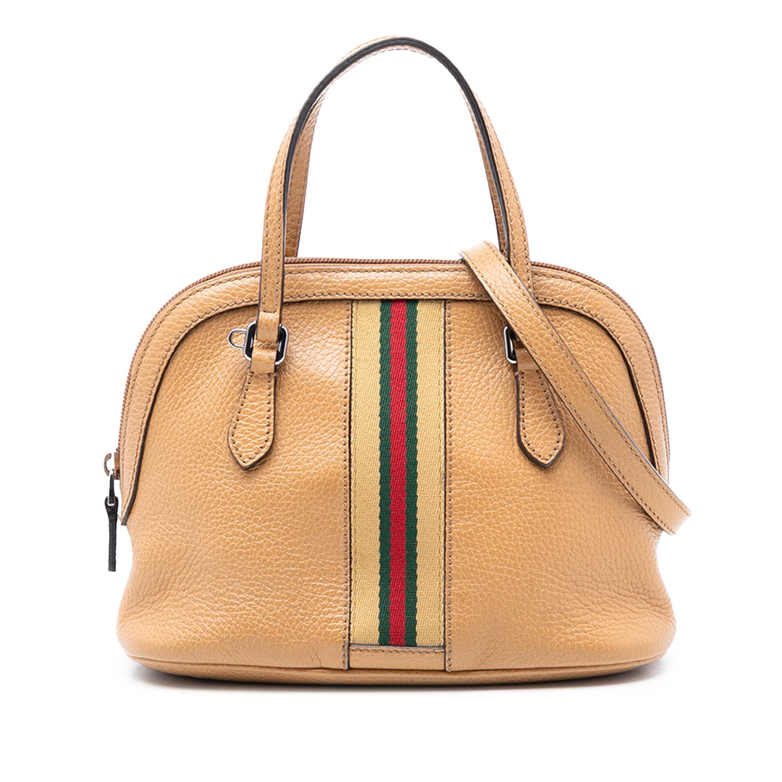 Gucci Mini Dome Satchel Brown Leather with Web Detail and Strap: Gucci Mini Dome Satchel Brown Leather with Web Detail and Strap This Gucci Mini Leather Web Dome Satchel features a brown leather body with signature web details, flat leather handles, a detachable fl