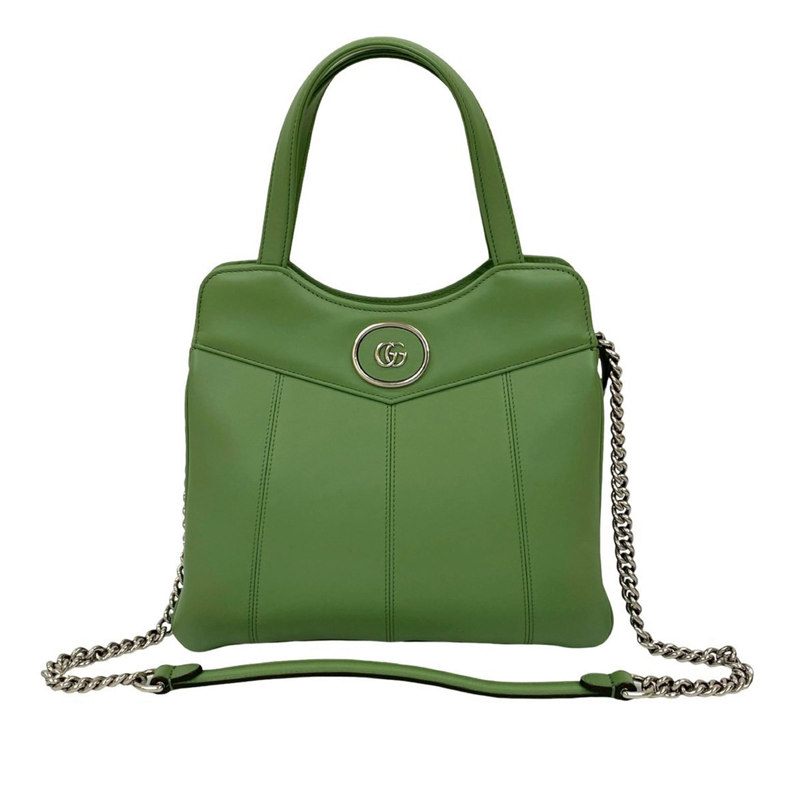 Gucci Petite GG Small Green Leather Tote With Detachable Chain Strap: Gucci Petite GG Small Green Leather Tote With Detachable Chain Strap This Gucci Small Leather Petite GG Tote features a green leather body with flat leather handles and a detachable curb chain link st