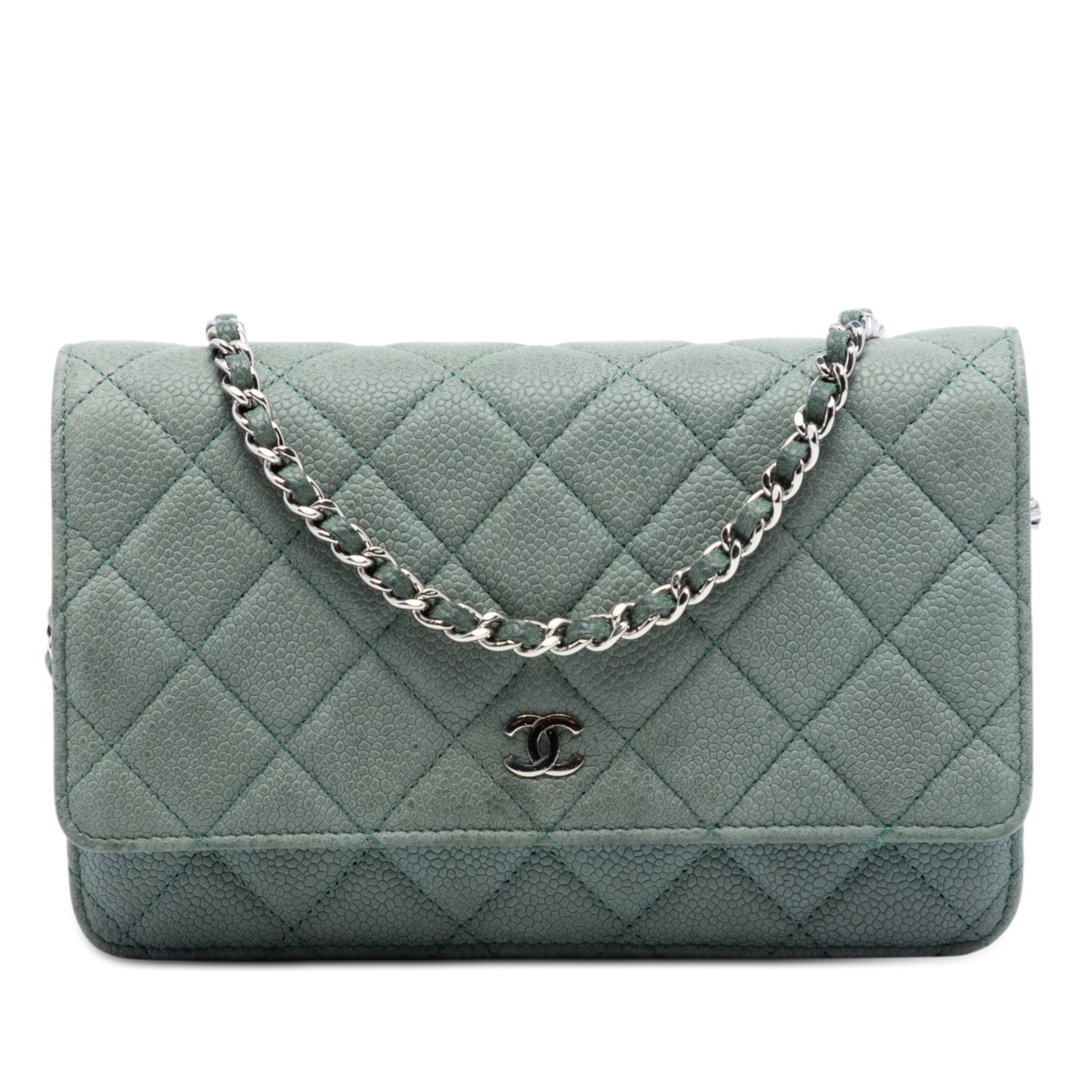 Chanel Caviar Leather Quilted Wallet on Chain with Silver-Tone Strap: Chanel Caviar Leather Quilted Wallet on Chain with Silver-Tone Strap This Chanel CC Quilted Caviar Wallet on Chain features a blue quilted caviar leather body with a silver-tone woven chain strap, a f