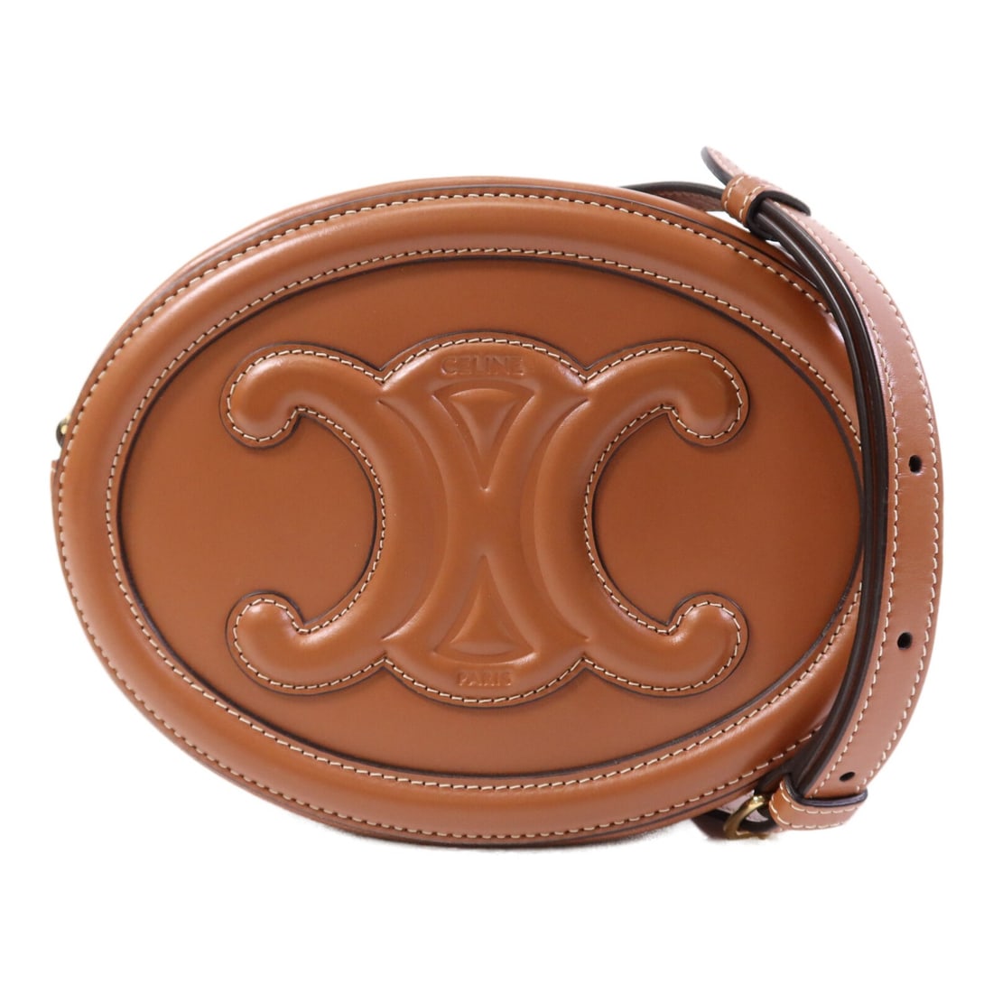 Celine Triomphe Oval Brown Calfskin Leather Shoulder Bag with Gold Hardware: Celine Triomphe Oval Brown Calfskin Leather Shoulder Bag with Gold Hardware This Celine Triomphe Oval Shoulder Bag features brown calfskin leather and gold tone hardware. Designed for women, it offers
