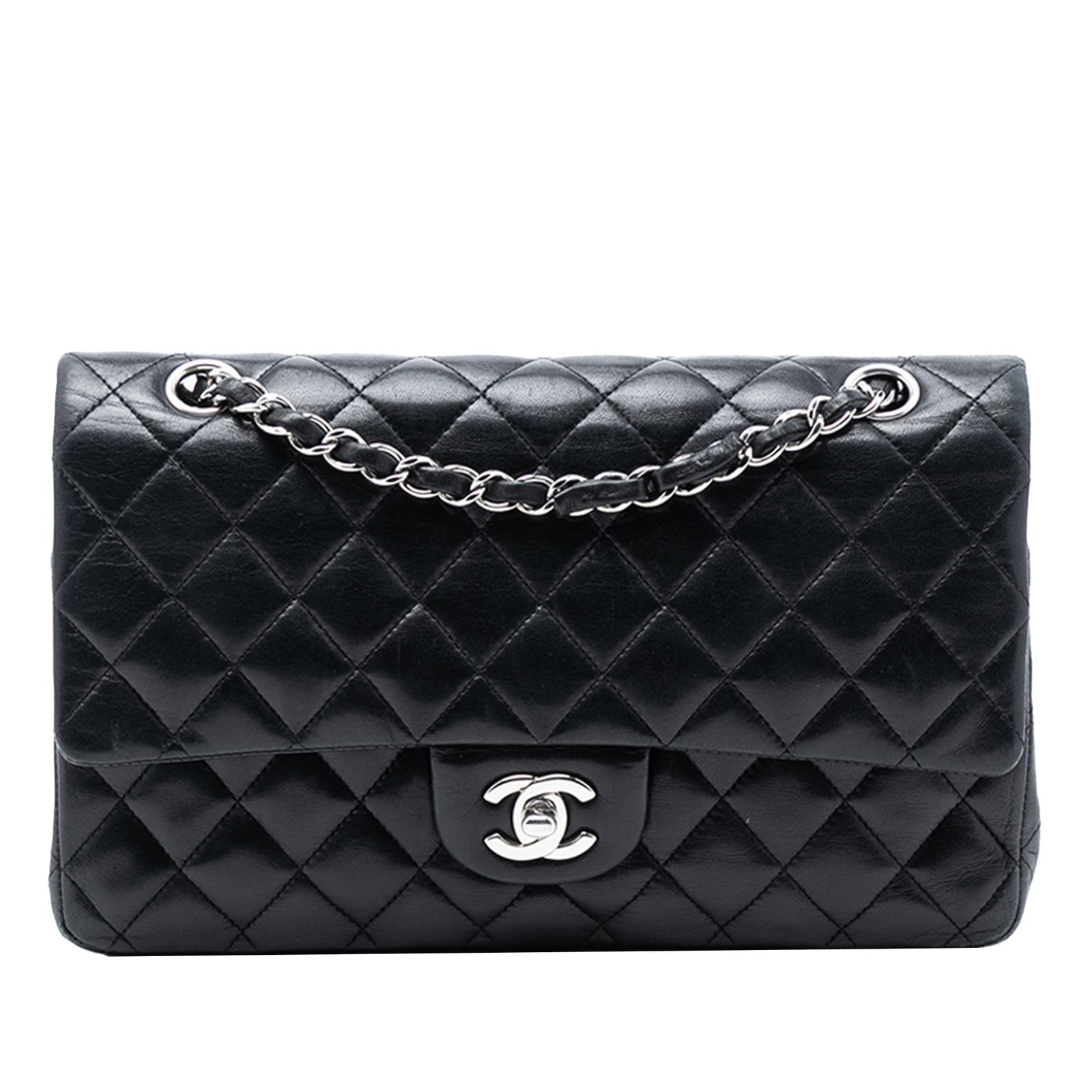 Black Leather Shoulder Bag Chanel Medium Classic Double Flap Quilted: Black Leather Shoulder Bag Chanel Medium Classic Double Flap Quilted This Chanel Medium Classic Double Flap shoulder bag showcases a quilted lambskin leather body in black, complemented by leather-wov