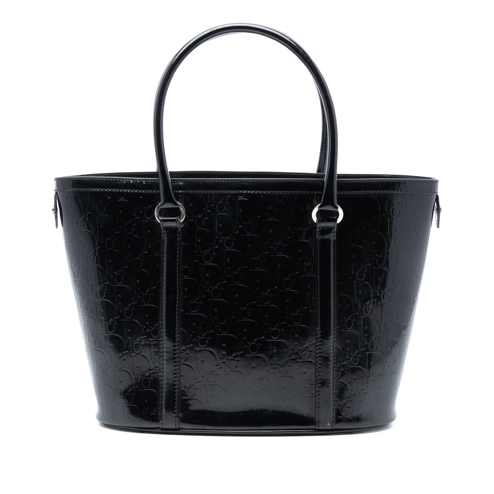 Black Dior Diorissimo Trotter Patent Leather Tote Bag with Magnetic Closure: Black Dior Diorissimo Trotter Patent Leather Tote Bag with Magnetic Closure This Diorissimo Trotter Patent Tote features an embossed patent leather body in black with rolled leather top handles. The t