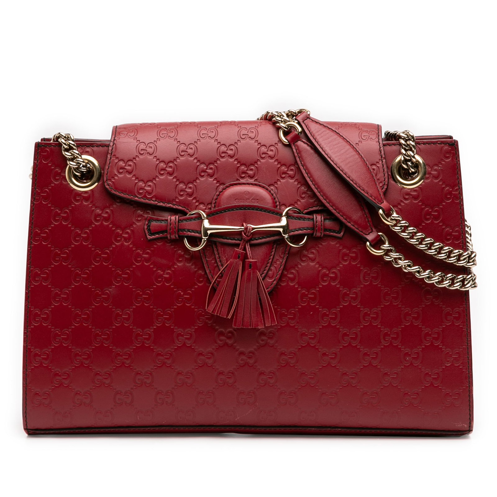 Gucci Emily Shoulder Bag in Red Guccissima Embossed Leather: Gucci Emily Shoulder Bag in Red Guccissima Embossed Leather This Gucci Large Guccissima Emily shoulder bag features an embossed leather body in red, chain straps with flat leather shoulder guards, a f