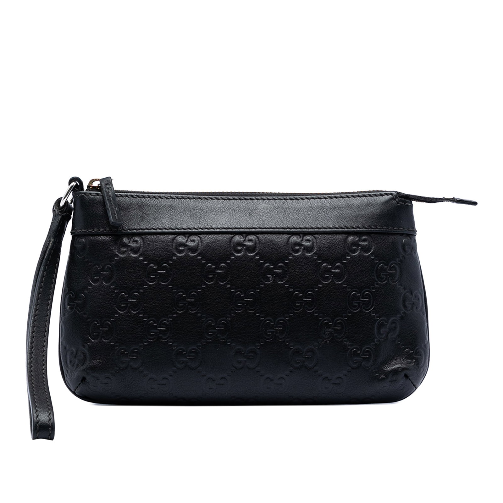 Gucci Guccissima Black Leather Britt Wristlet Pouch from Italy: Gucci Guccissima Black Leather Britt Wristlet Pouch from Italy This pouch features an embossed leather body with a flat leather wrist strap and a top zip closure. The bag is black in color and is craf