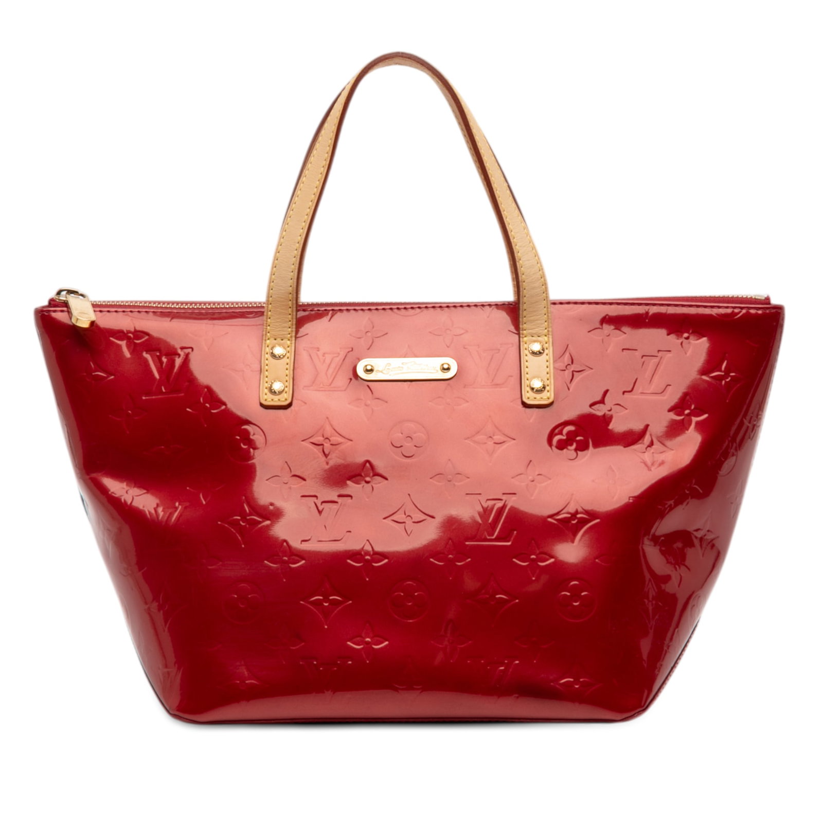 Monogram Vernis Bellevue PM Red Vernis Leather Tote by Louis Vuitton: Monogram Vernis Bellevue PM Red Vernis Leather Tote by Louis Vuitton This Louis Vuitton Monogram Vernis Bellevue PM is crafted from vernis leather and features flat vachetta leather handles, a top zip