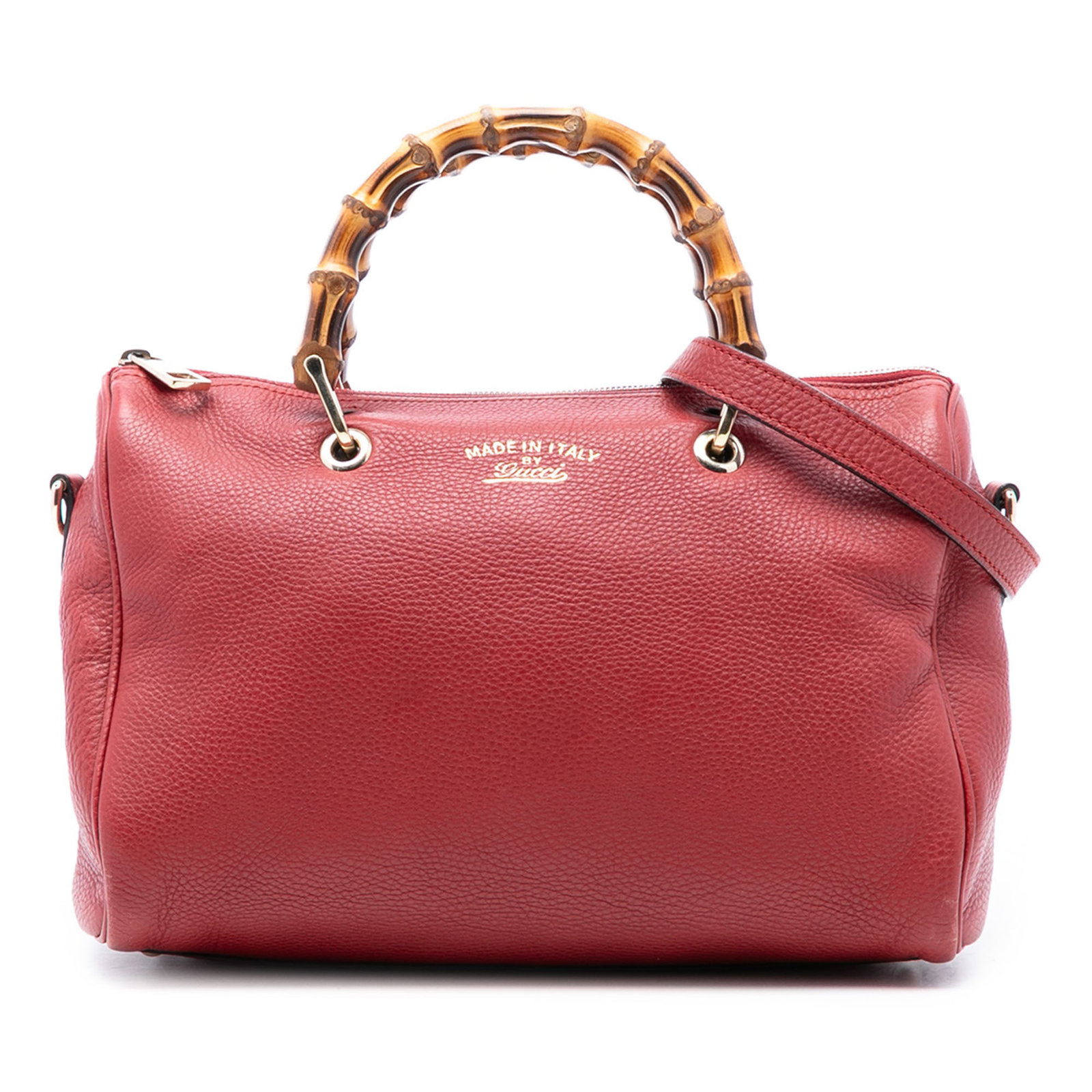 Gucci Bamboo Shopper Medium Boston Leather Satchel with Strap Red: Gucci Bamboo Shopper Medium Boston Leather Satchel with Strap Red This Gucci Medium Calfskin Bamboo Shopper Boston Bag features a red leather body, distinctive bamboo top handles, a detachable flat le