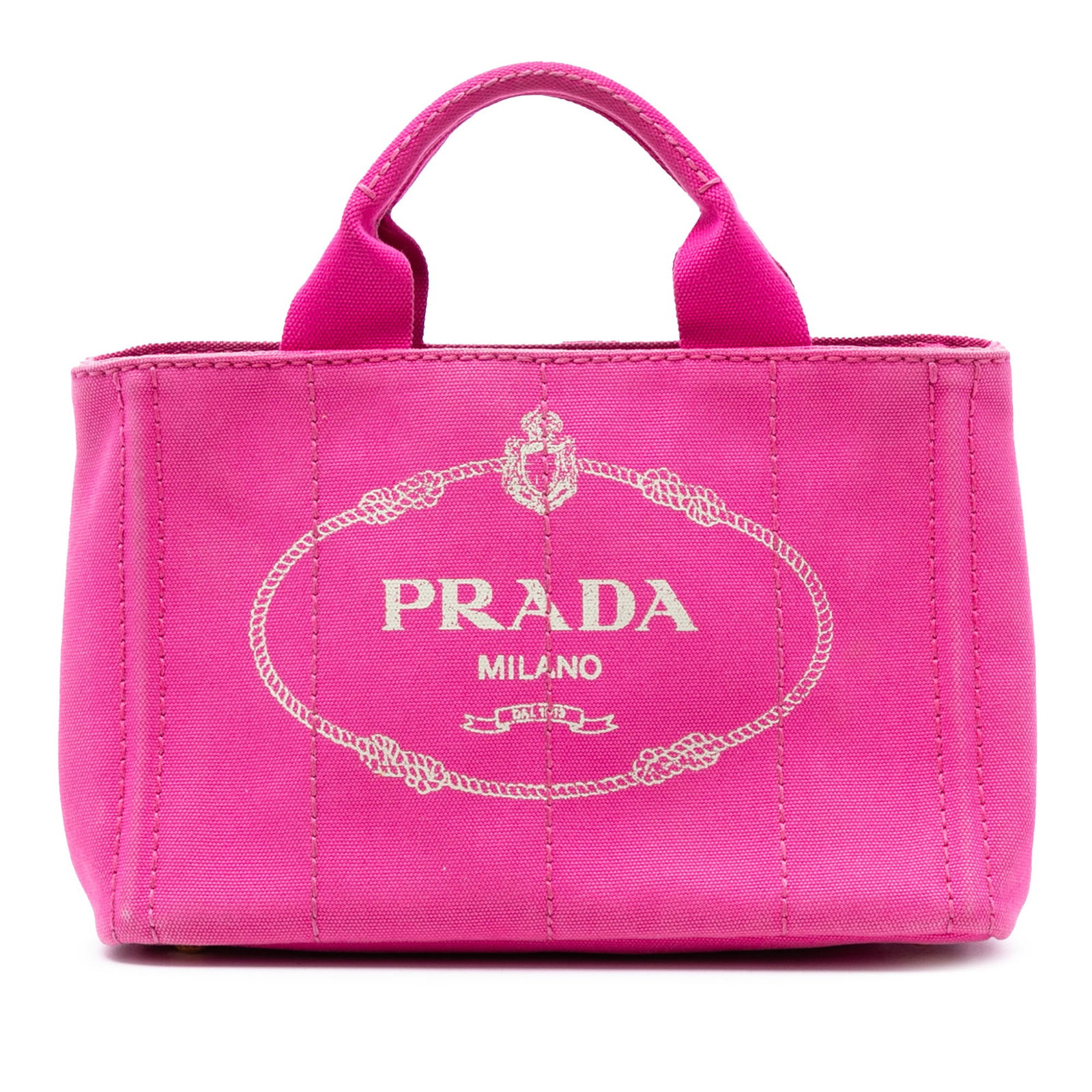 Prada Canapa Logo Pink Canvas Small Satchel Handbag Italy: Prada Canapa Logo Pink Canvas Small Satchel Handbag Italy This Prada Small Canvas Canapa Logo Satchel features a pink canvas body with rolled canvas handles and an open top secured by side snap closur
