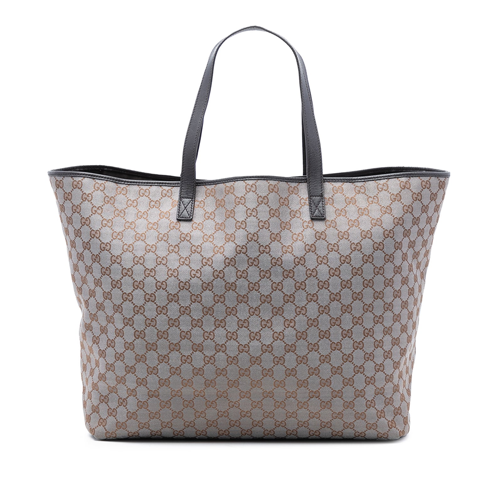 Gray Gucci GG Canvas Tote Bag with Leather Trim: Gray Gucci GG Canvas Tote Bag with Leather Trim This Gucci GG Canvas Tote features a canvas body with leather trim, flat leather handles, an open top, and an interior zip pocket. The bag is gray in co