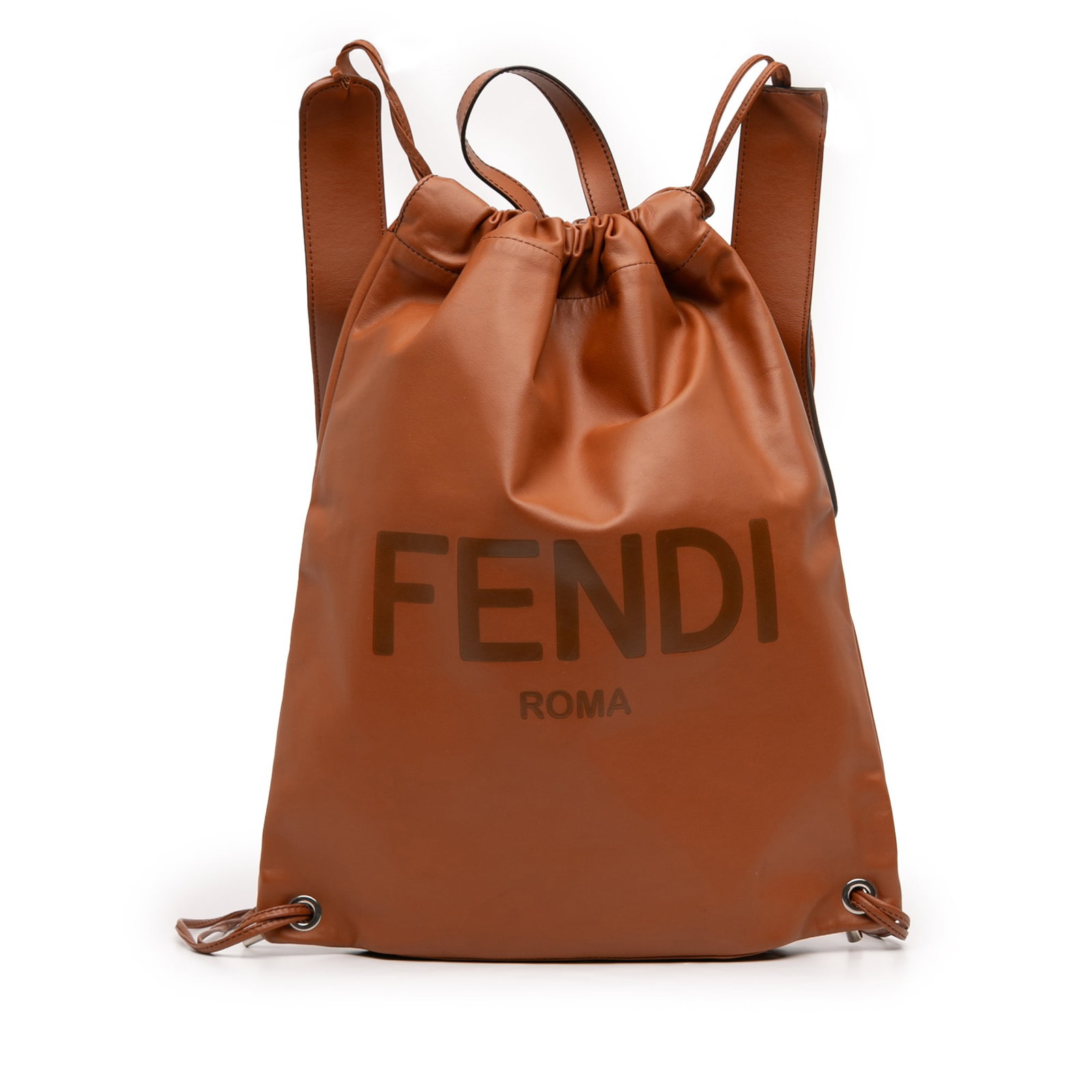 Fendi Brown Leather Backpack with Drawstring and Logo Detail: Fendi Brown Leather Backpack with Drawstring and Logo Detail This Fendi backpack features a brown leather body with a flat top handle, adjustable flat backstraps, a top drawstring closure, and an inte