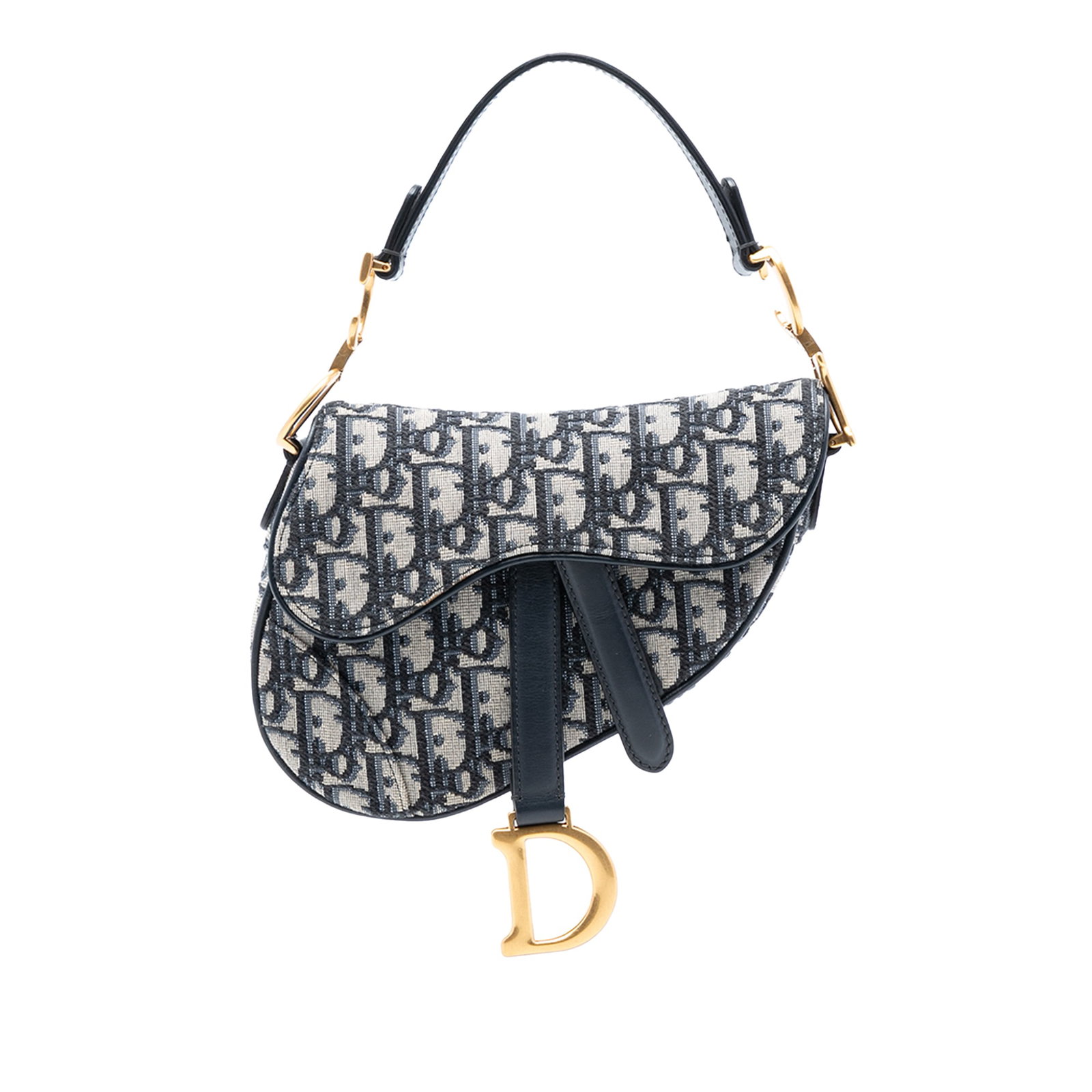 Dior Mini Saddle Bag Blue Oblique Canvas with Leather Handle: Dior Mini Saddle Bag Blue Oblique Canvas with Leather Handle This Dior Mini Oblique Canvas Saddle Bag features a blue canvas body with the iconic Oblique pattern, a flat leather handle, and a flap wit