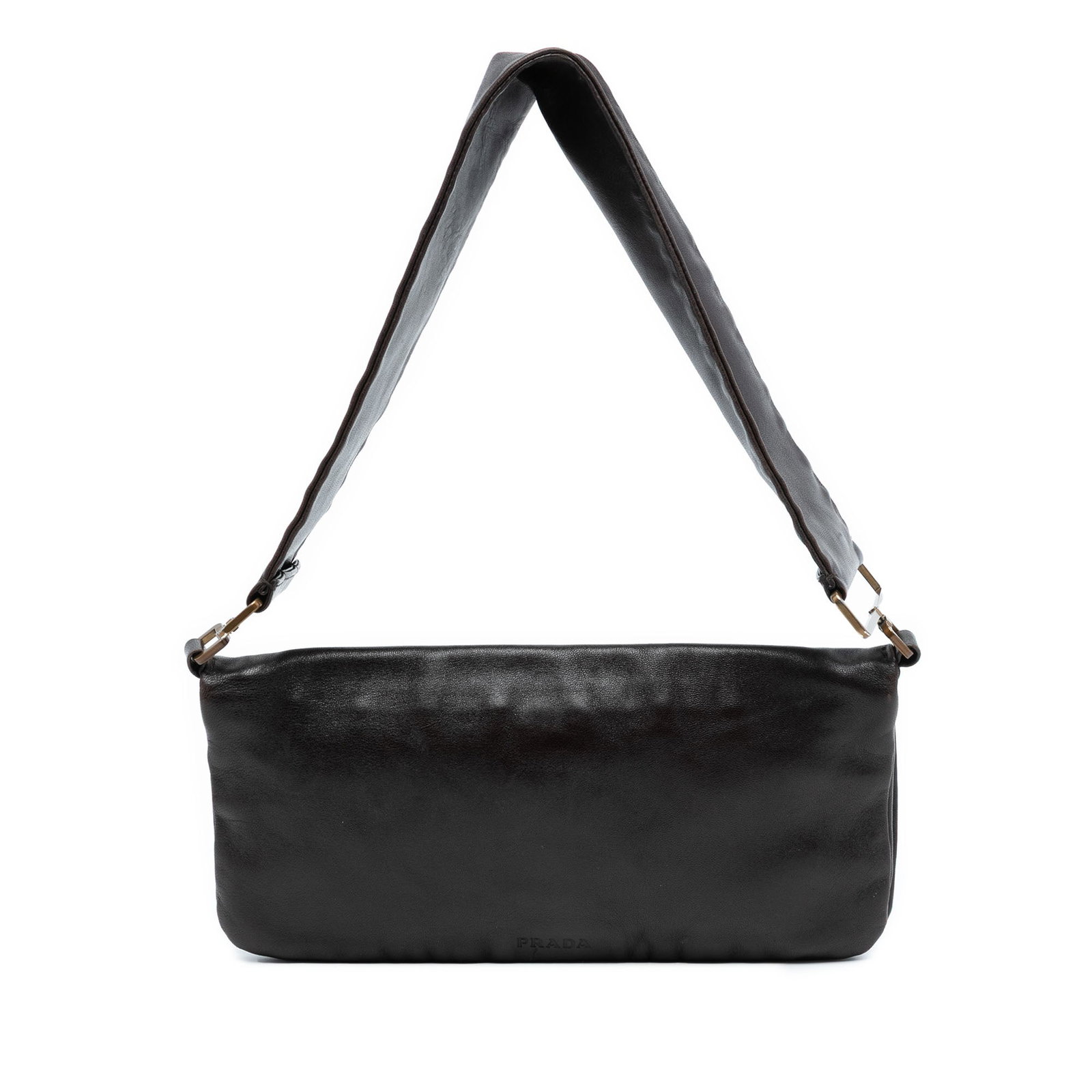 Brown Prada Fold Over Leather Shoulder Bag with Zip Closure: Brown Prada Fold Over Leather Shoulder Bag with Zip Closure This Prada shoulder bag is crafted from brown leather and features a flat leather shoulder strap, a zip closure with snap, a fold-over flap,