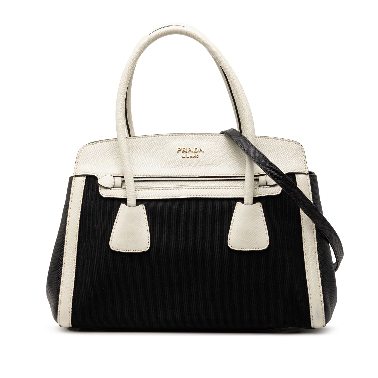 Prada Canvas Satchel with Saffiano Leather Trim and Detachable Strap: Prada Canvas Satchel with Saffiano Leather Trim and Detachable Strap This Prada satchel features a canvas body with saffiano leather trim, rolled leather handles, a detachable flat leather strap, an o