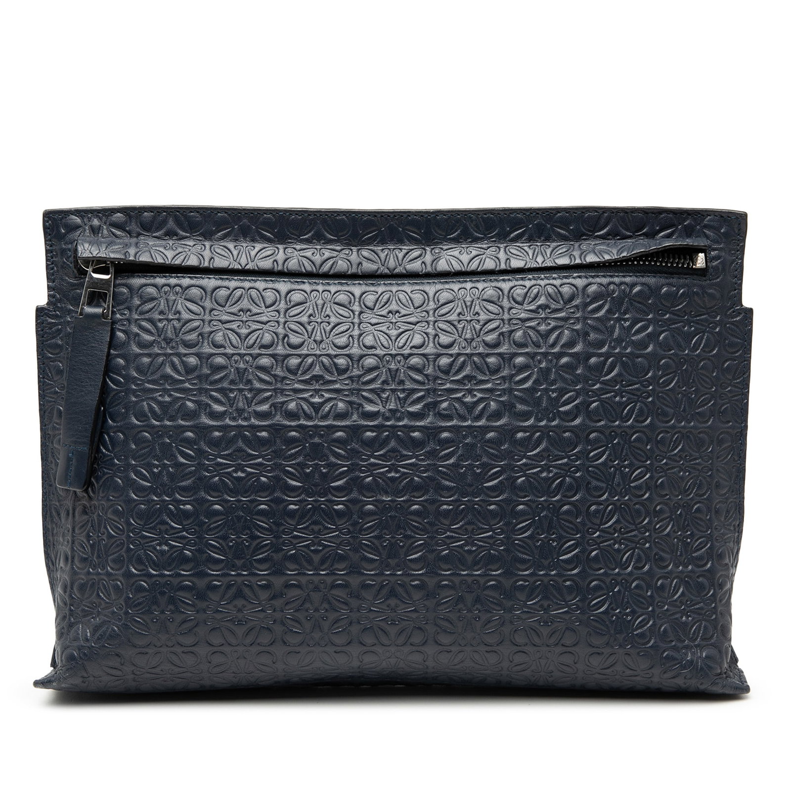 Loewe Blue Embossed Leather Anagram Repeat T Clutch Bag: Loewe Blue Embossed Leather Anagram Repeat T Clutch Bag This LOEWE clutch features an embossed leather exterior with the signature Anagram motif. It is designed with a front zip closure and an interio