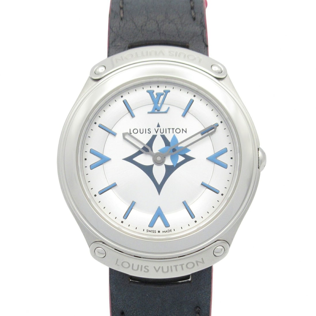 Louis Vuitton Fifty Five women's quartz watch stainless steel leather strap: Louis Vuitton Fifty Five women's quartz watch stainless steel leather strap This Louis Vuitton Fifty Five women's wristwatch features a stainless steel case paired with a leather strap. The watch is p