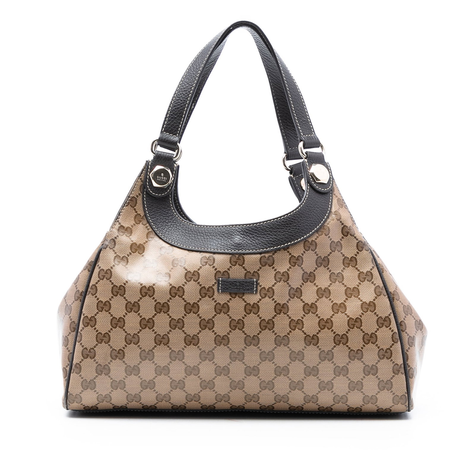 Brown GG Crystal Charmy Shoulder Bag with Leather Trim by Gucci: Brown GG Crystal Charmy Shoulder Bag with Leather Trim by Gucci This Gucci GG Crystal Charmy Shoulder Bag features a coated canvas body with leather trim, a flat leather strap, an open top with magnet