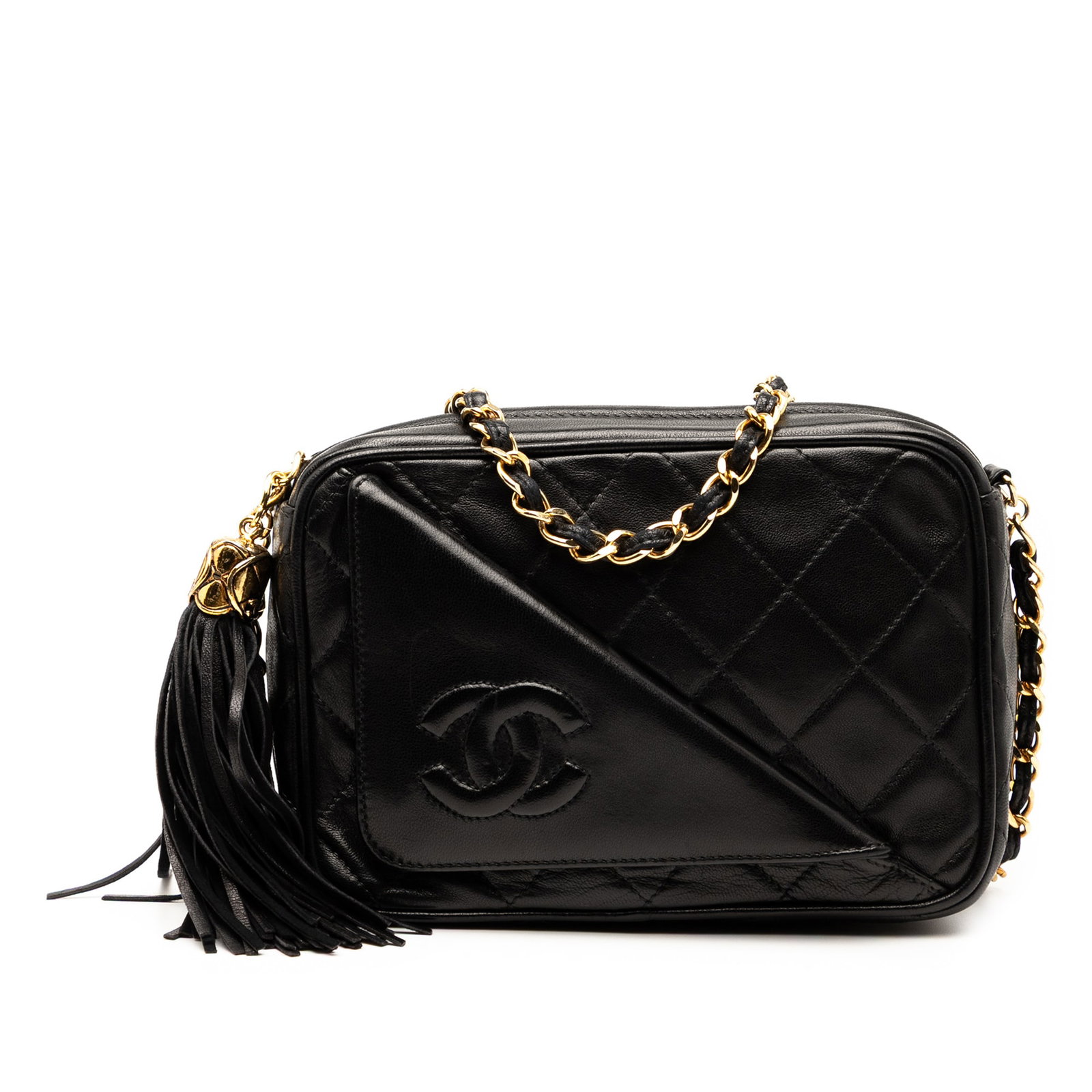 Chanel CC Quilted Lambskin Tassel Crossbody Bag Black: Chanel CC Quilted Lambskin Tassel Crossbody Bag Black This stunning Chanel CC Quilted Lambskin Tassel Camera Bag showcases a luxurious black quilted lambskin leather body, complemented by a leather wo