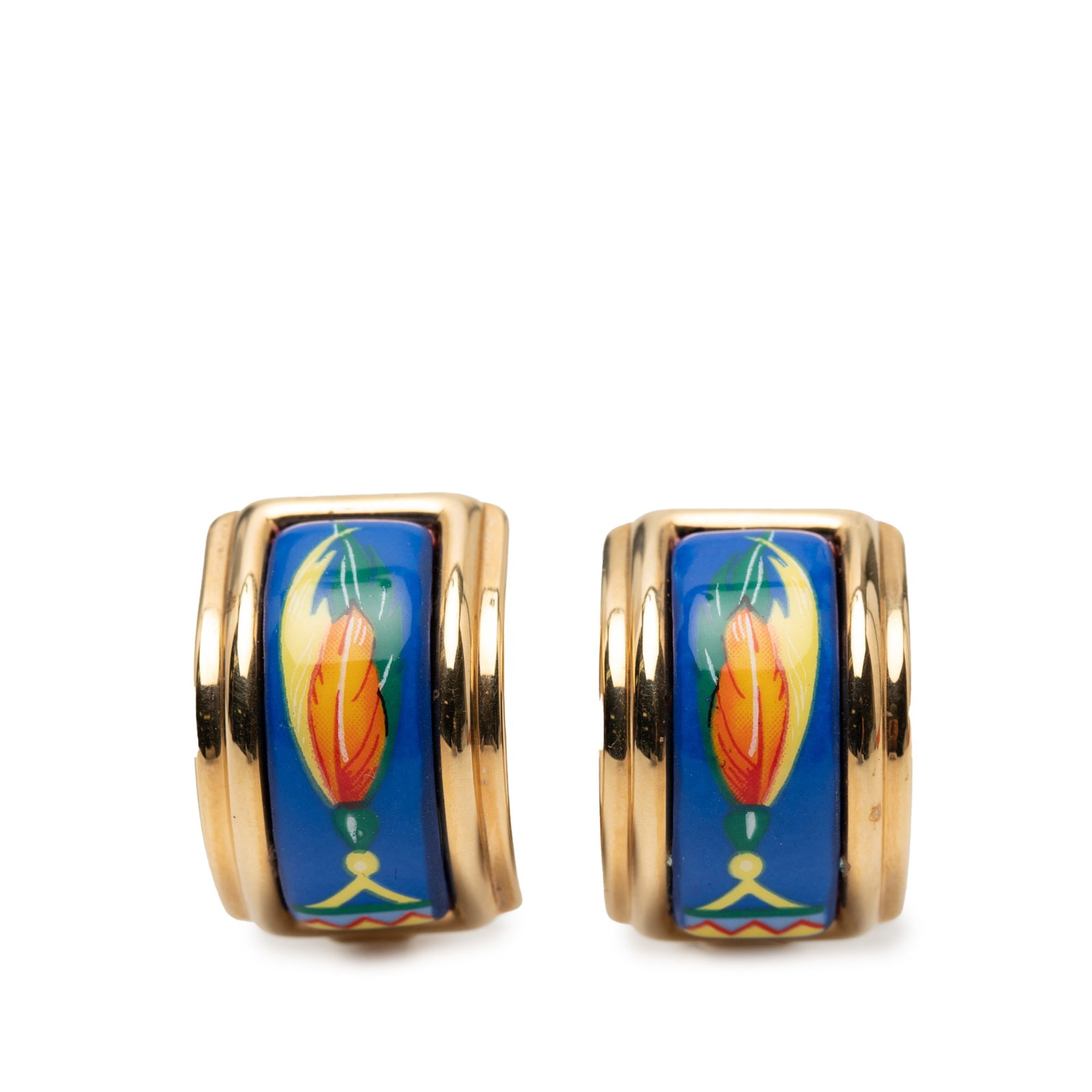 Hermes Blue Feather Motif Enamel Clip On Earrings Gold Plated Hardware (1 of 4)