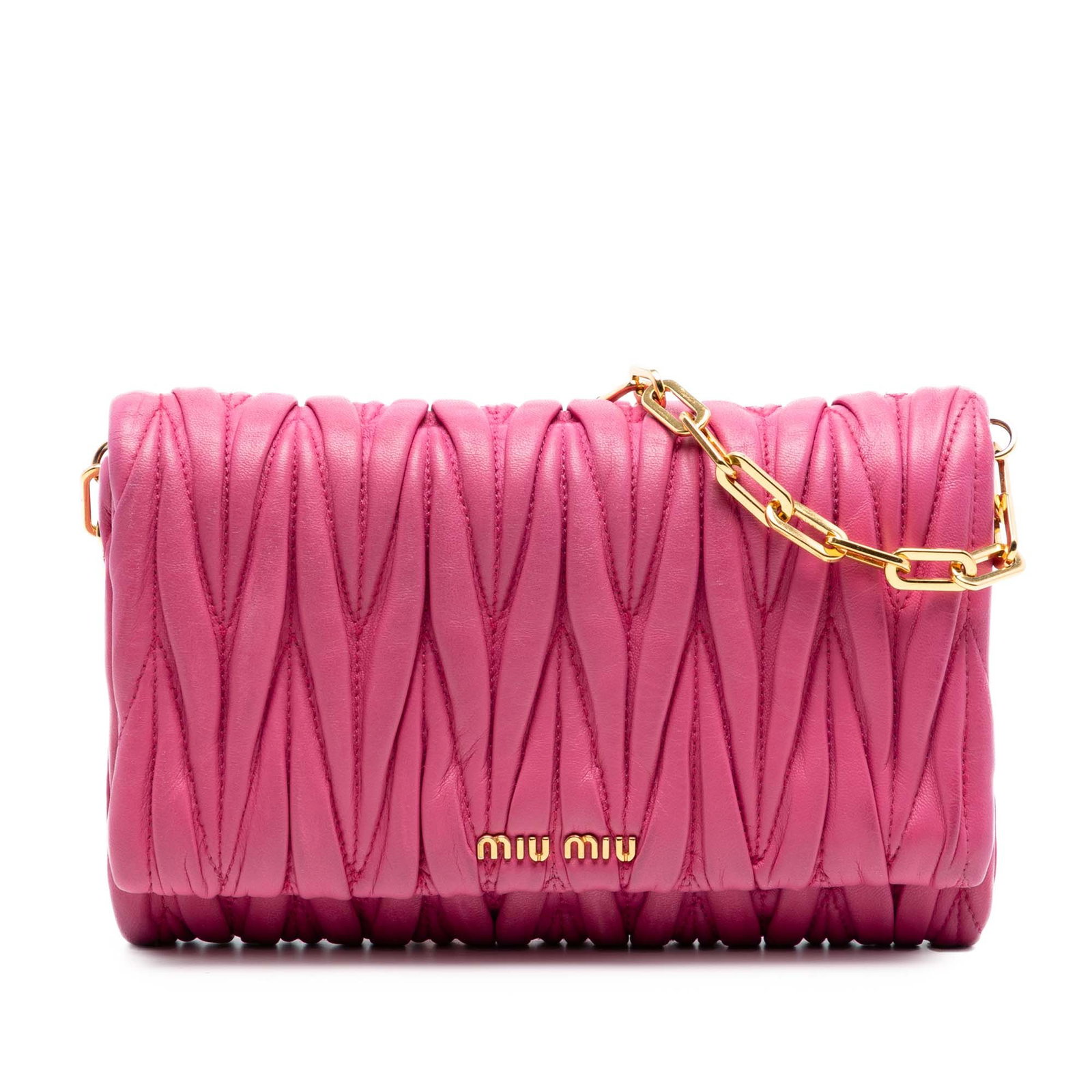 Pink Leather Wallet on Chain with Gold Chain by Miu Miu Matelasse: Pink Leather Wallet on Chain with Gold Chain by Miu Miu Matelasse This Miu Miu Matelasse Nappa Wallet On Chain features a woven leather body with leather trim, a gold-tone curb chain with an adjustabl