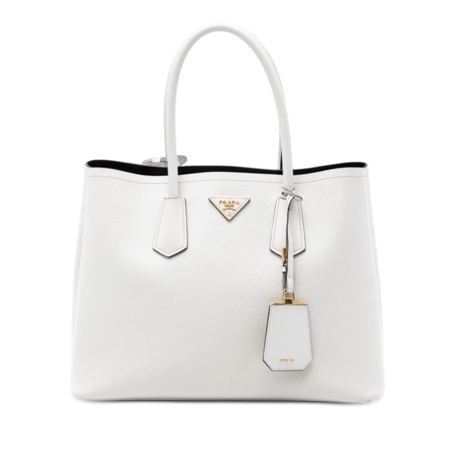 Prada Saffiano Leather Cuir Double Large White Satchel Handbag Italy: Prada Saffiano Leather Cuir Double Large White Satchel Handbag Italy This Prada Large Saffiano Cuir Double Satchel features a saffiano leather body in white, rolled leather handles, an open top, and a