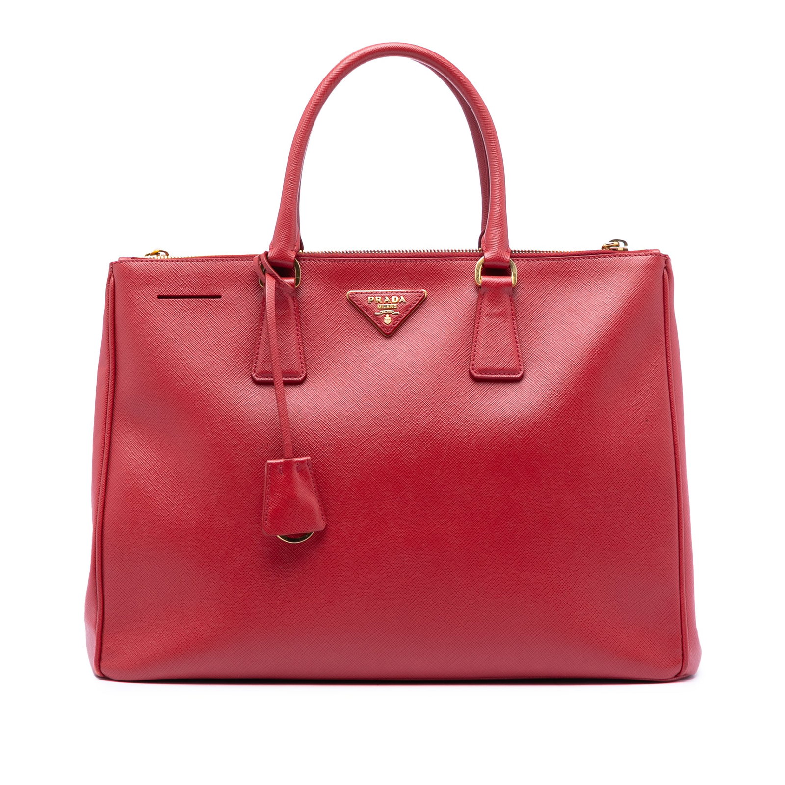 Red Prada Galleria Saffiano Leather Large Double Zip Tote Bag: Red Prada Galleria Saffiano Leather Large Double Zip Tote Bag This Prada Large Saffiano Lux Galleria Double Zip Satchel features a saffiano leather body in red, rolled leather handles, an open top, du