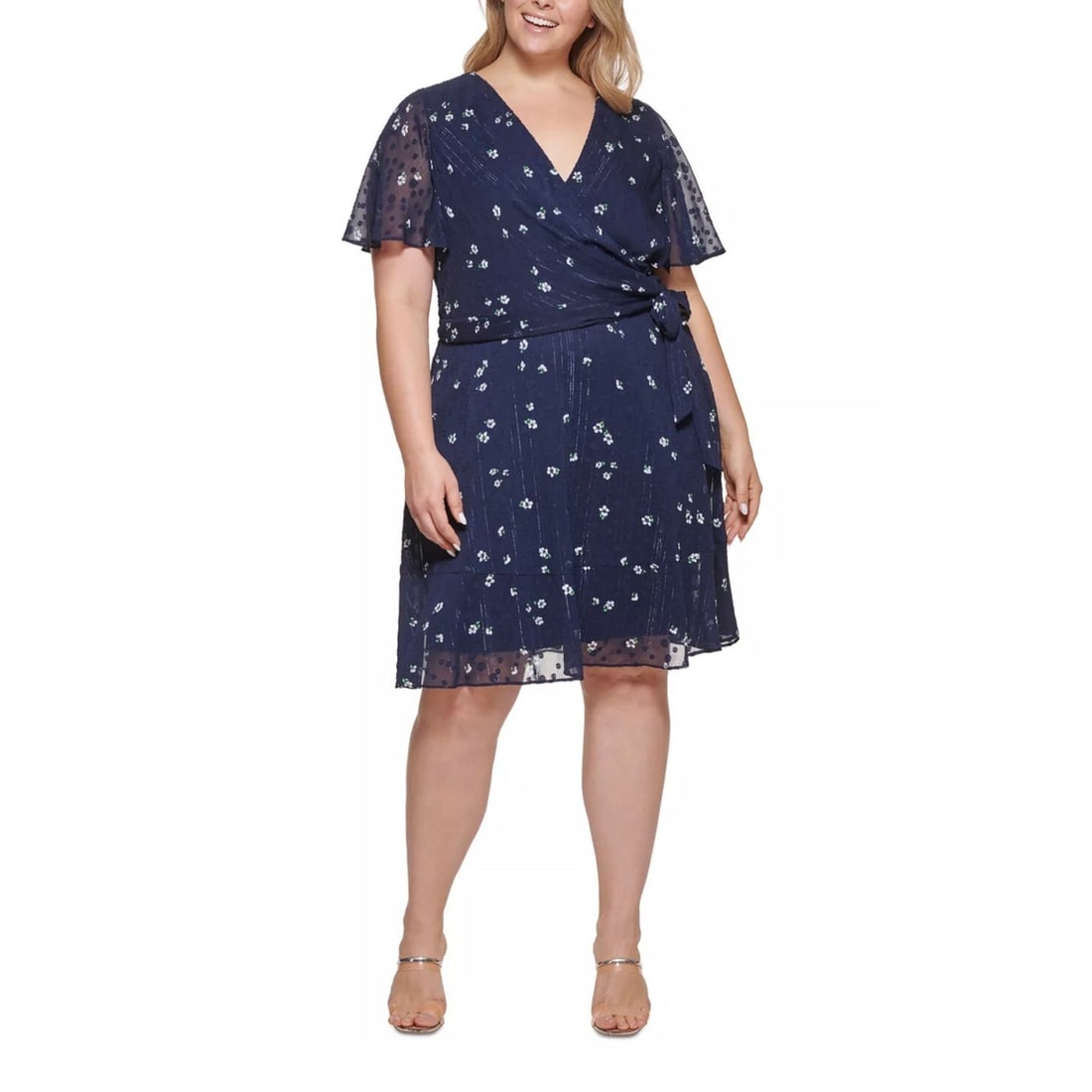 DKNY Women's Plus Size V Neck Polka Dot Dress Navy 20W: DKNY Women's Plus Size V Neck Polka Dot Dress Navy 20W Elevate your wardrobe with this chic DKNY Women's Plus Size V Neck Clip Dot Dress in a stunning navy blue. Designed for a flattering fit, this dr