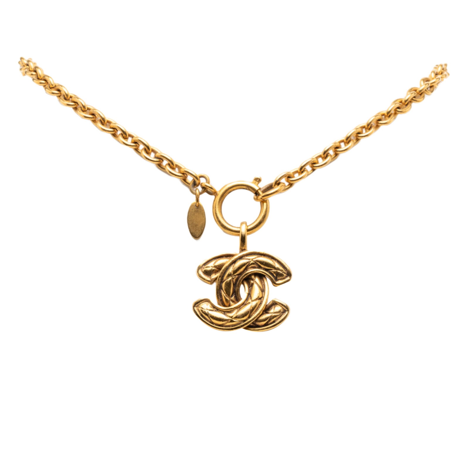 Chanel Quilted CC Pendant Necklace with Gold Plated Finish: Chanel Quilted CC Pendant Necklace with Gold Plated Finish This Chanel necklace features a gold-plated metal chain and a quilted CC pendant, complemented by a spring ring closure. The necklace shows s
