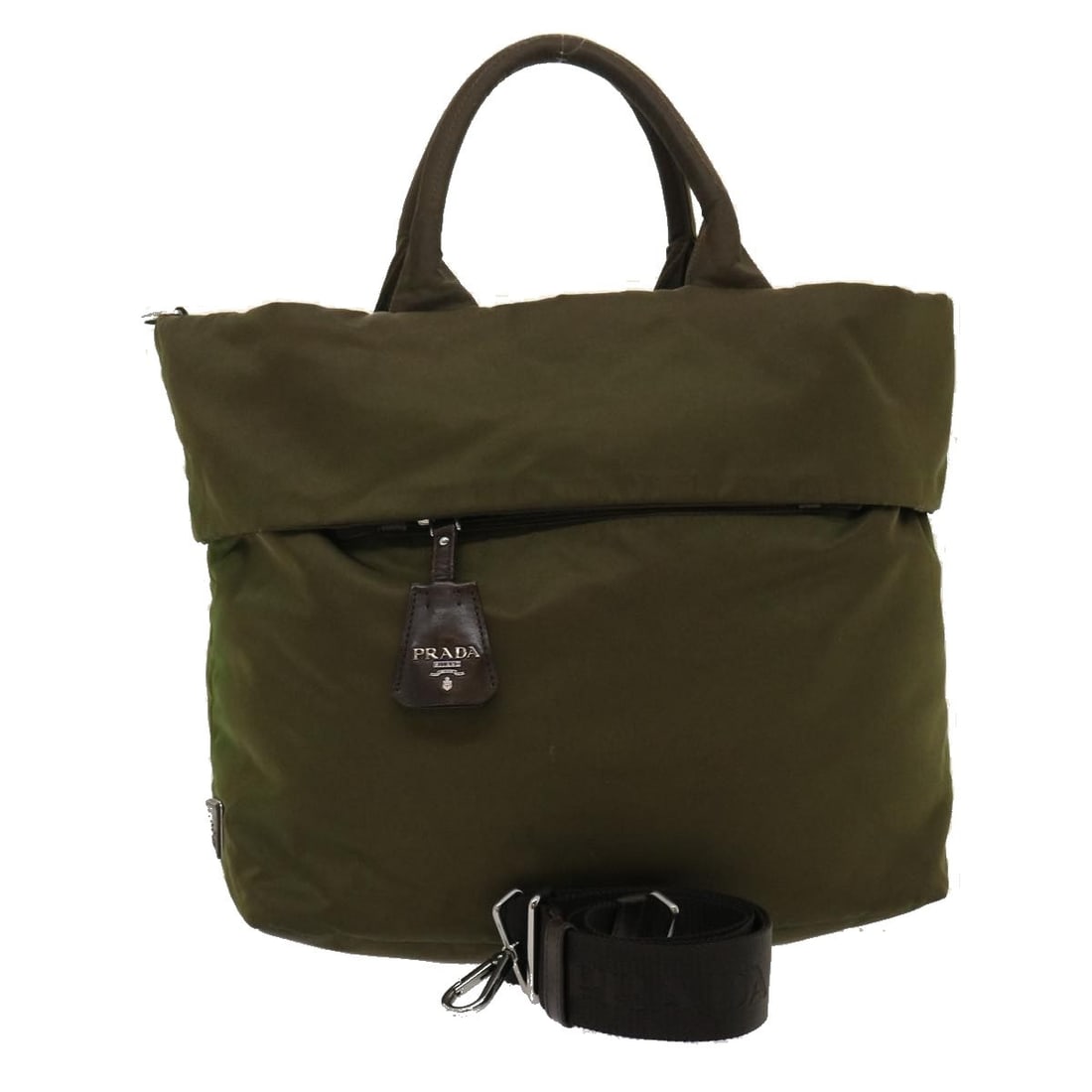 Khaki Nylon Convertible Double Tote Bag by Prada: Khaki Nylon Convertible Double Tote Bag by Prada This Prada Convertible Double Tote is crafted from khaki nylon and designed for women. Made in Italy, it features a spacious interior and versatile con