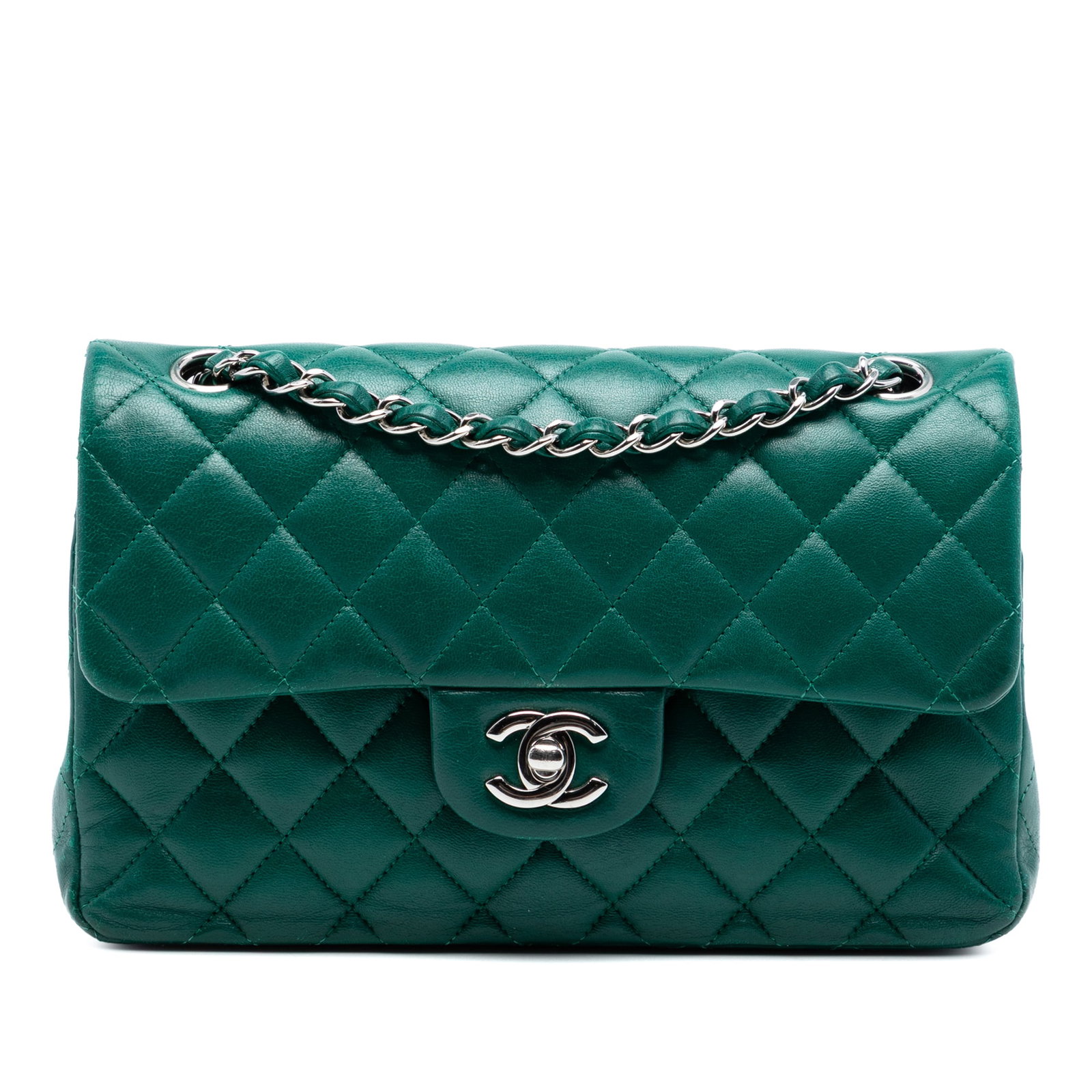 Chanel Green Lambskin Quilted Small Double Flap Shoulder Bag: Chanel Green Lambskin Quilted Small Double Flap Shoulder Bag This Chanel Small Classic Flap bag showcases a quilted lambskin leather exterior in green with gold-tone hardware. It features chain should