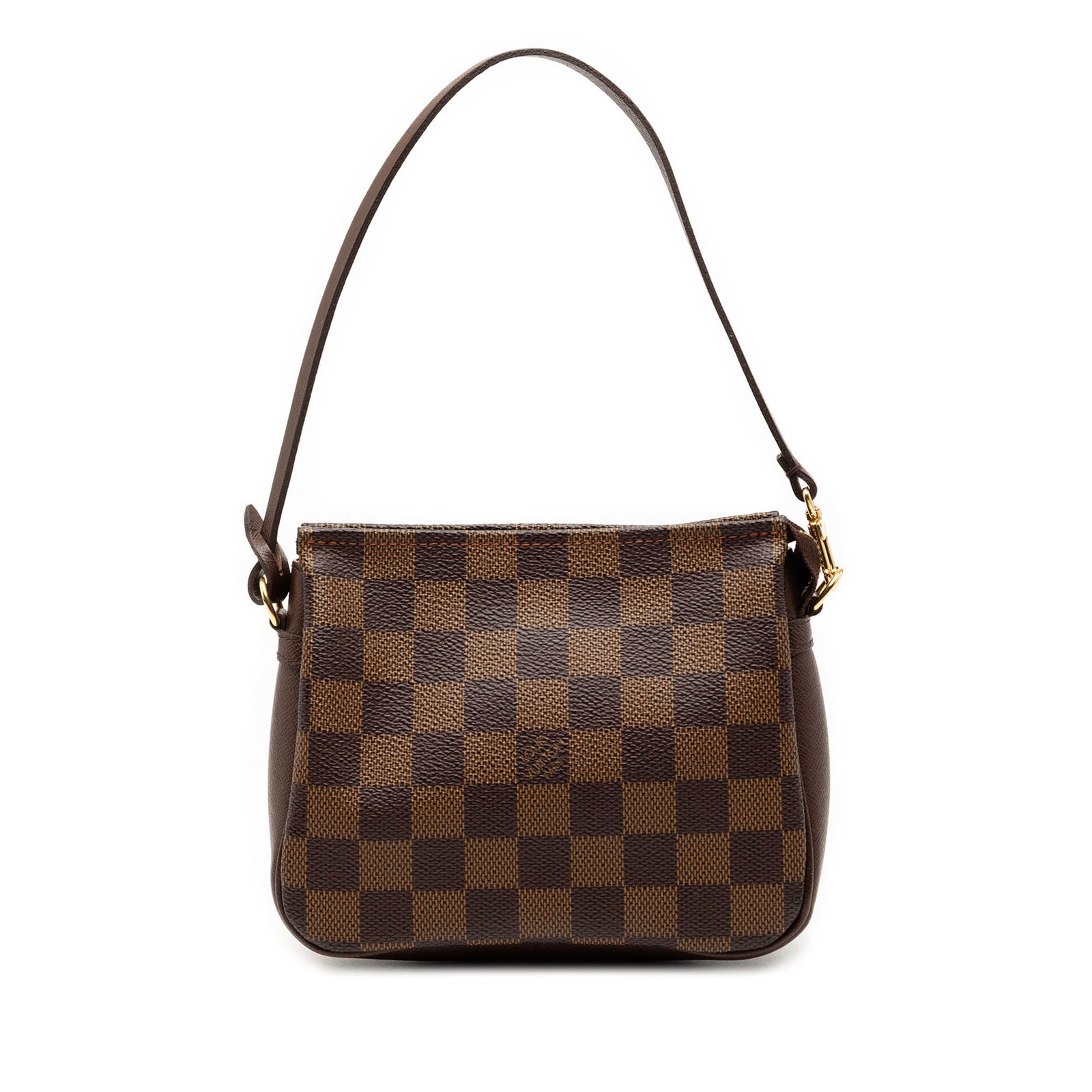 Louis Vuitton Damier Ebene canvas pouch with leather handle and zip closure: Louis Vuitton Damier Ebene canvas pouch with leather handle and zip closure This Louis Vuitton Damier Ebene Trousse Pochette features the signature damier canvas body accented with leather trim. It is