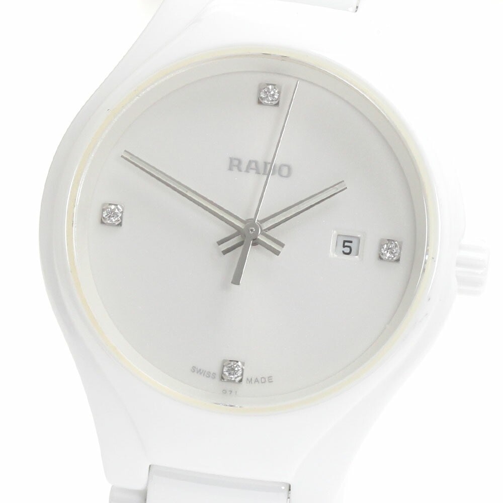 RADO True Quartz Womens Ceramic Titanium Date Watch R27061712: RADO True Quartz Womens Ceramic Titanium Date Watch R27061712 This RADO True women's wristwatch, model R27061712, features a white dial set with 4 diamond hour markers and a date display. Crafted from