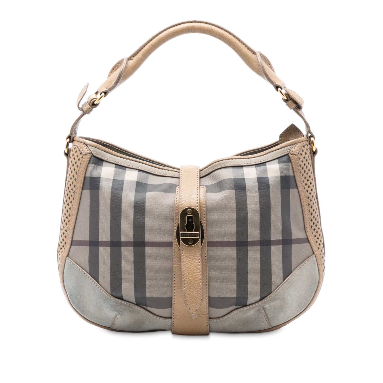 Burberry Bartow Hobo Bag in Smoke Check Coated Canvas and Leather Trim: Burberry Bartow Hobo Bag in Smoke Check Coated Canvas and Leather Trim This Burberry Smoke Check Bartow Hobo bag is crafted from coated canvas with a distinctive smoke check pattern and features perfo