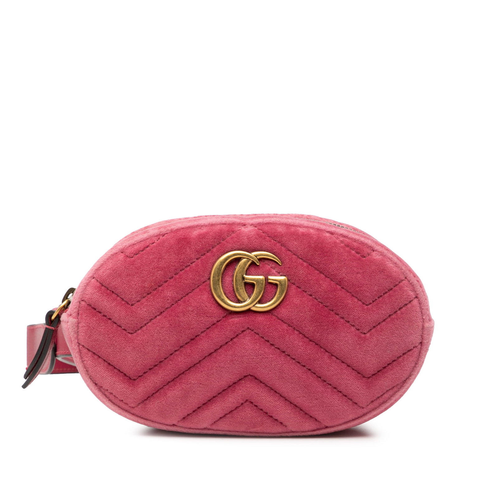Pink Velvet Gucci GG Marmont Matelasse Quilted Belt Bag with Gold-Tone Hardware: Pink Velvet Gucci GG Marmont Matelasse Quilted Belt Bag with Gold-Tone Hardware This Gucci GG Marmont Matelasse Velvet Belt Bag features a quilted velvet exterior in pink with gold-tone hardware. The 