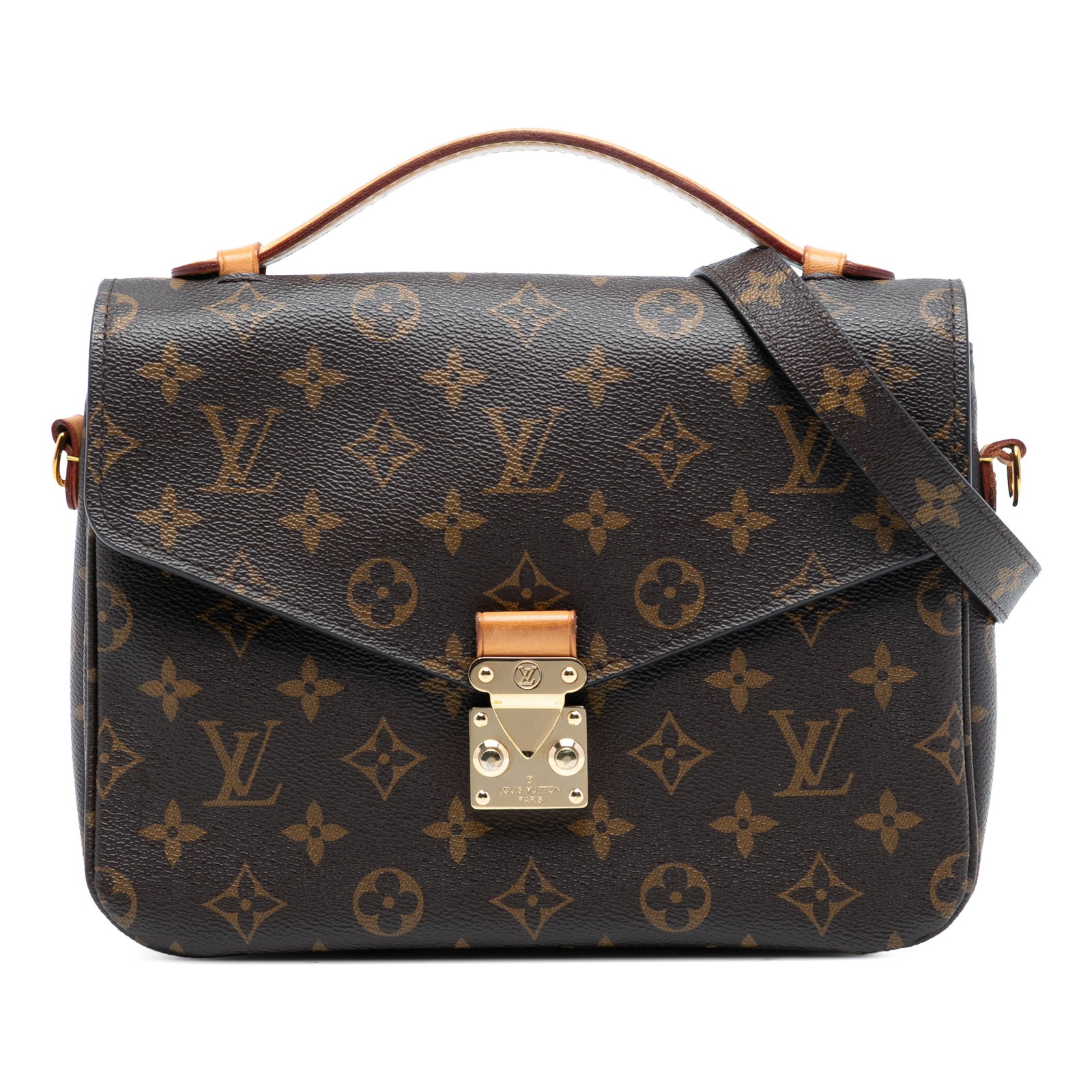 Monogram Canvas Pochette Metis Shoulder Bag by Louis Vuitton: Monogram Canvas Pochette Metis Shoulder Bag by Louis Vuitton The Louis Vuitton Monogram Pochette Metis features a monogram canvas body with a flat vachetta leather top handle, a detachable flat should