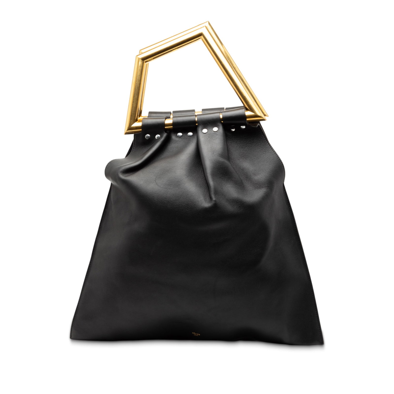 Celine Open Triangle Sac Black Leather Handbag with Gold Tone Handles: Celine Open Triangle Sac Black Leather Handbag with Gold Tone Handles This Celine Leather Open Triangle Sac Handbag features a black leather body with geometric gold-tone handles and an open top desig