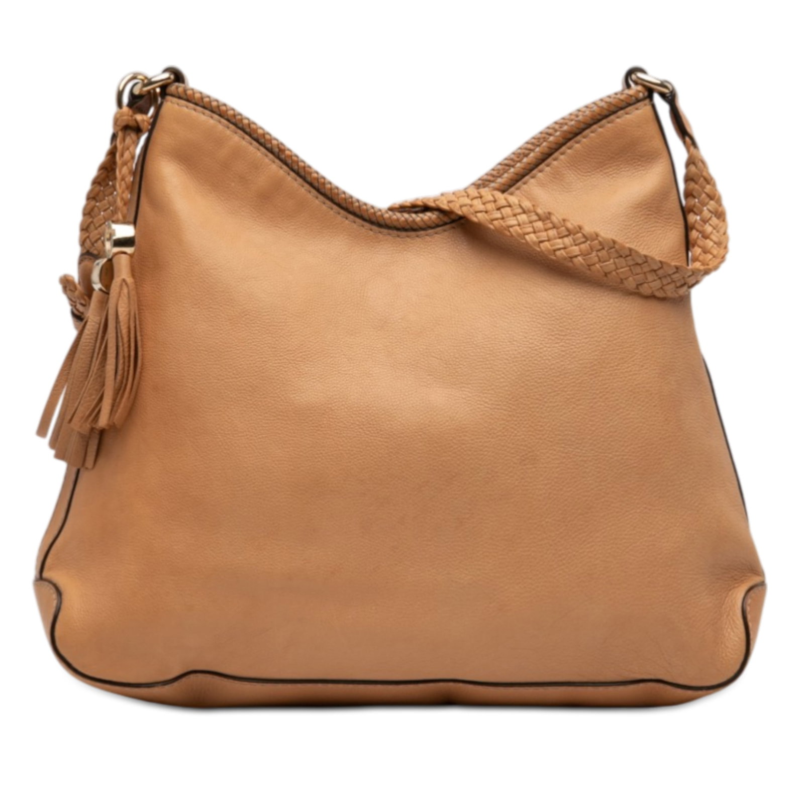 Brown Leather Marrakech Shoulder Purse with Woven Strap and Tassel by Gucci: Brown Leather Marrakech Shoulder Purse with Woven Strap and Tassel by Gucci This Gucci Marrakech shoulder bag is crafted from brown leather and features a woven leather strap, a tassel detail, and an 