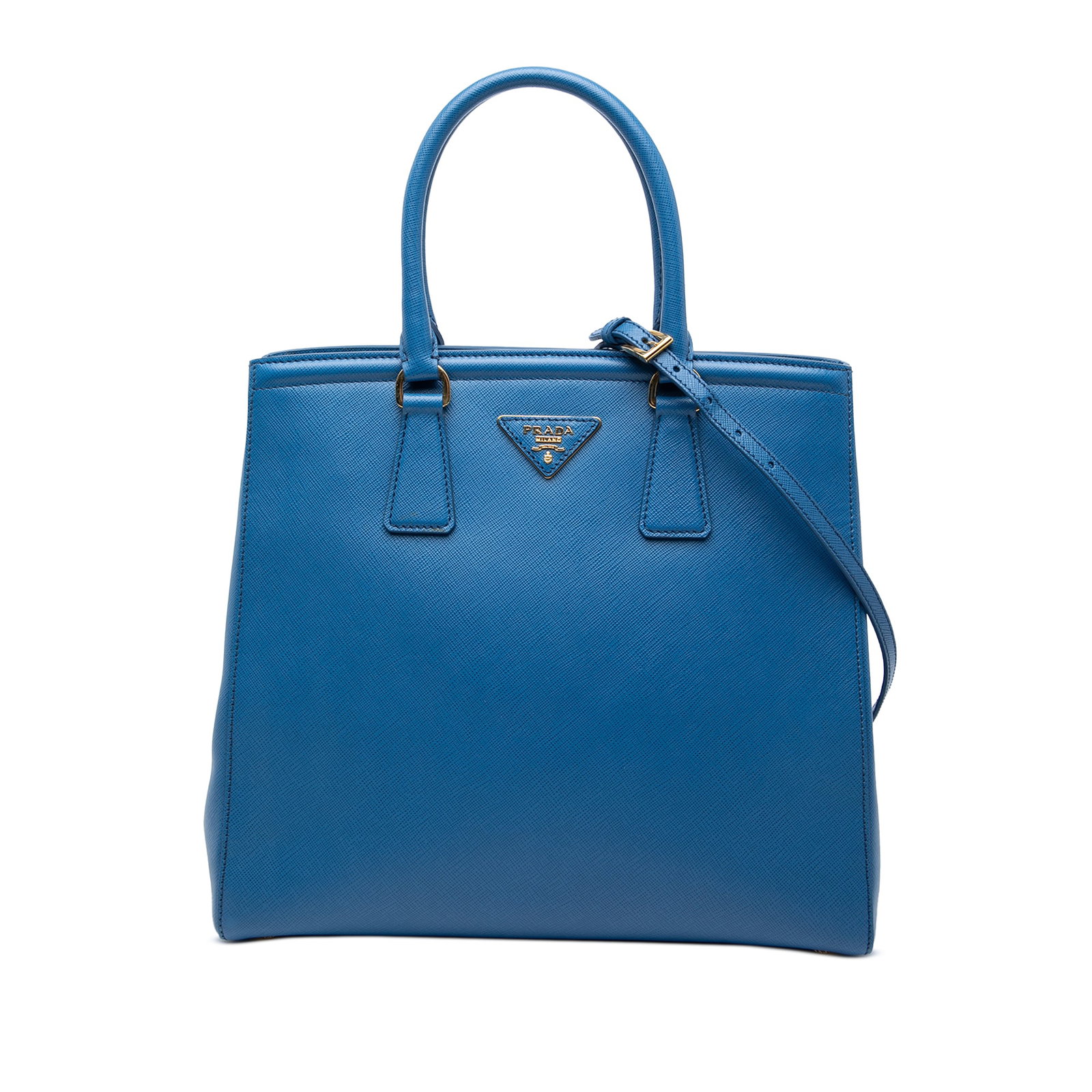 Prada Saffiano Lux Parabole Blue Leather Satchel with Strap: Prada Saffiano Lux Parabole Blue Leather Satchel with Strap This Prada Saffiano Lux Parabole Satchel features a structured saffiano leather body in blue, rolled leather handles, and a detachable flat 
