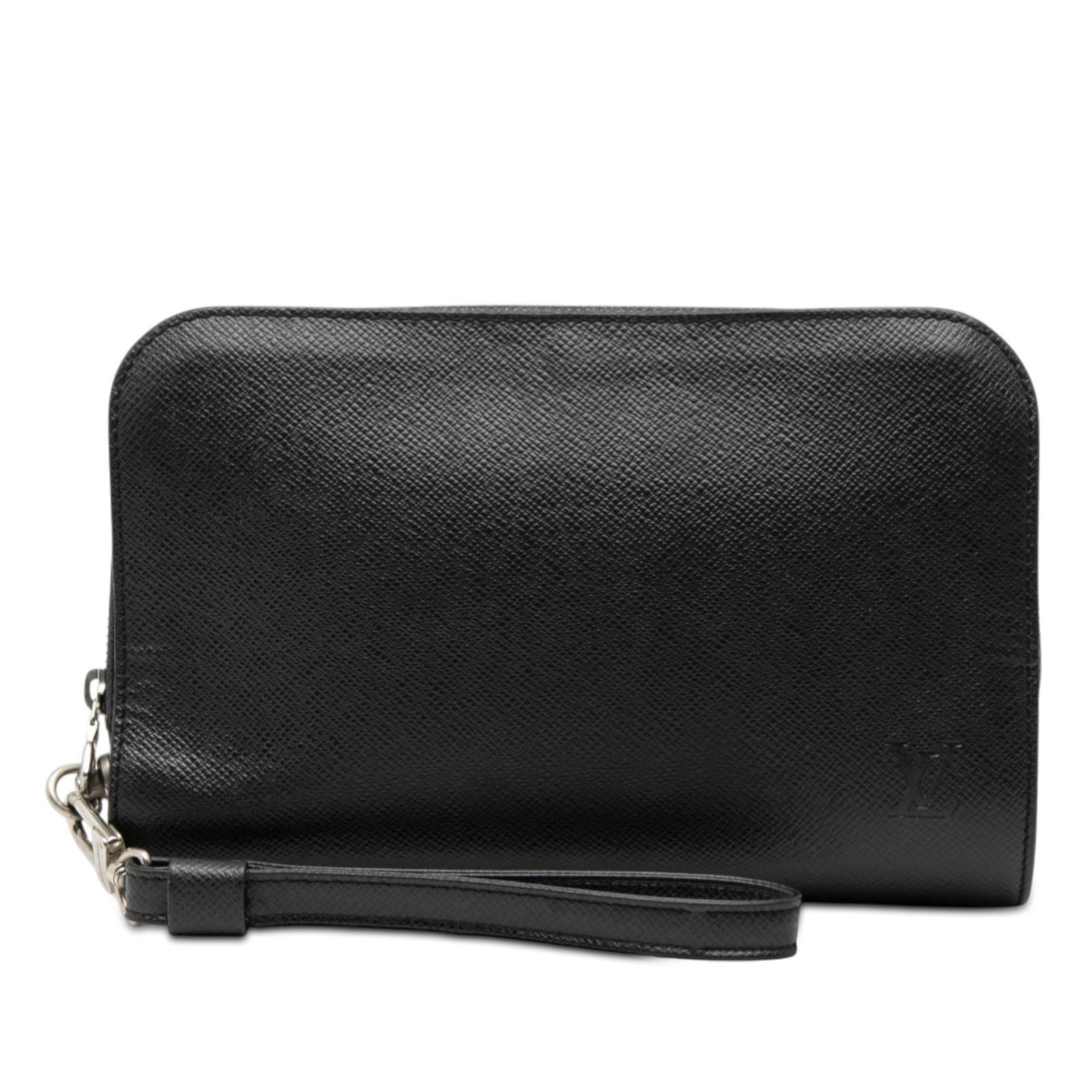 Louis Vuitton Baikal Taiga Leather Clutch with Wrist Strap: Louis Vuitton Baikal Taiga Leather Clutch with Wrist Strap The Louis Vuitton Taiga Pochette Baikal is a black clutch crafted from taiga leather. It features a detachable flat leather wrist strap, a zi