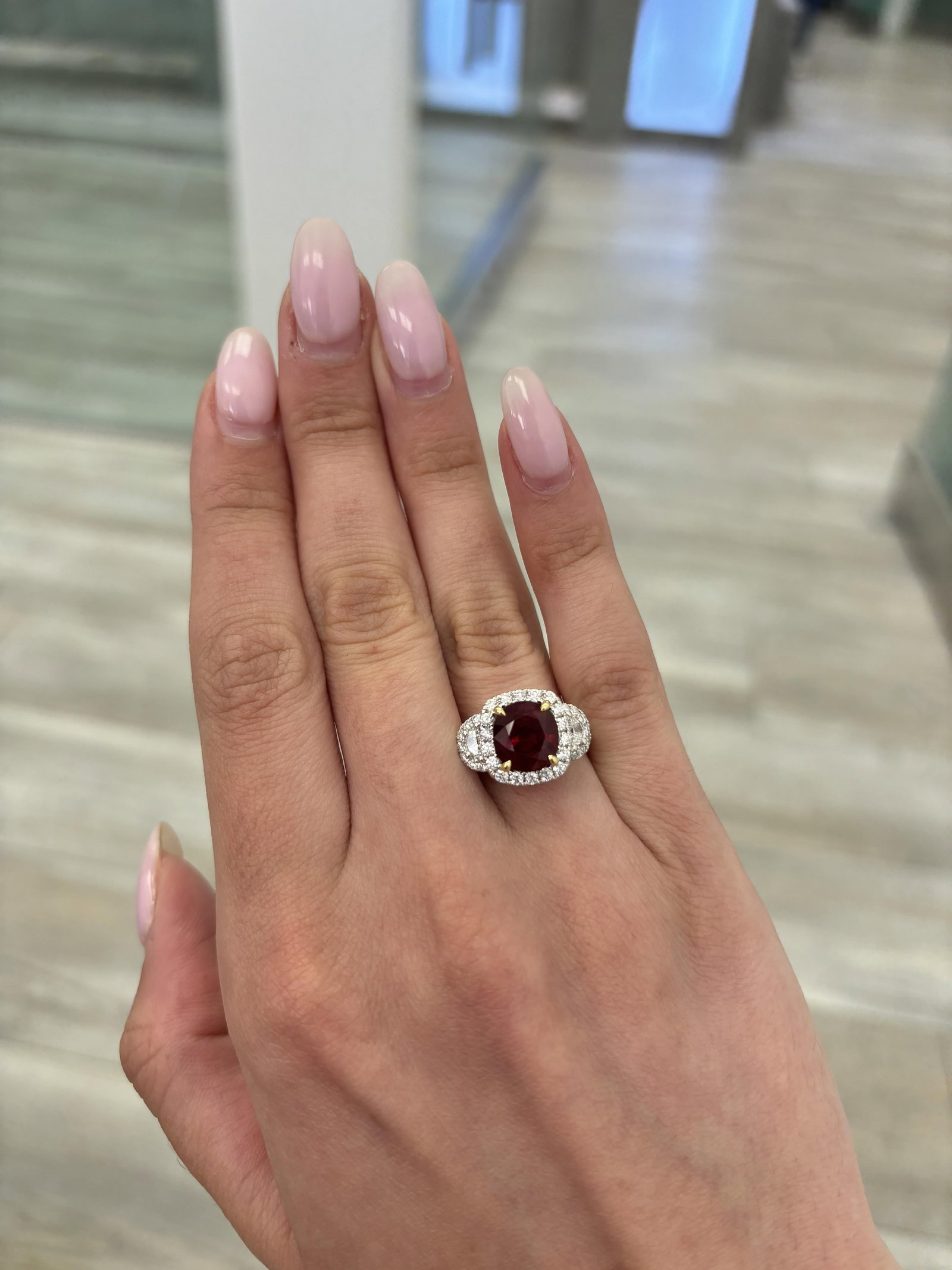GIA 4.13ct Ruby Diamond Halo Ring 18k Gold - 2