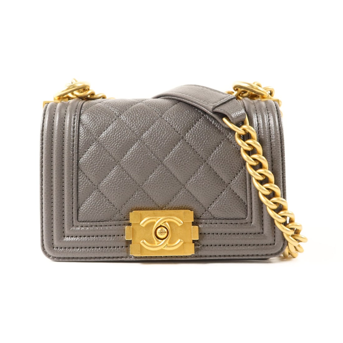 Chanel Mini Boy CC Gray Calfskin Chain Shoulder Bag with Gold Hardware: Chanel Mini Boy CC Gray Calfskin Chain Shoulder Bag with Gold Hardware This CHANEL Mini Boy Chain Shoulder Bag features a gray calfskin leather exterior with signature CC hardware. The bag is designed