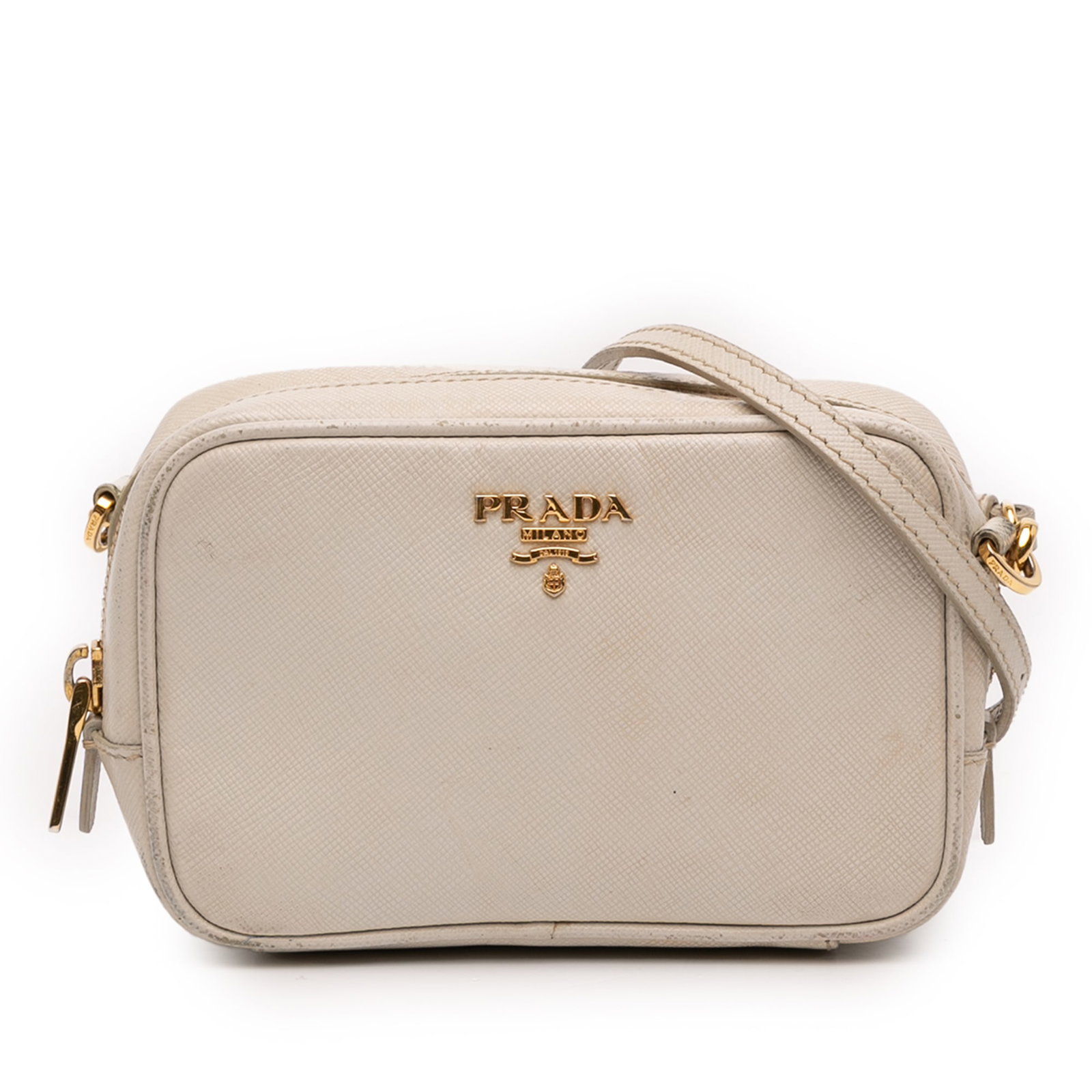 White Prada Mini Saffiano Leather Crossbody Camera Bag: White Prada Mini Saffiano Leather Crossbody Camera Bag This Prada Mini Saffiano Lux Camera Bag is crafted from saffiano leather in white and features an adjustable flat leather shoulder strap, a top z