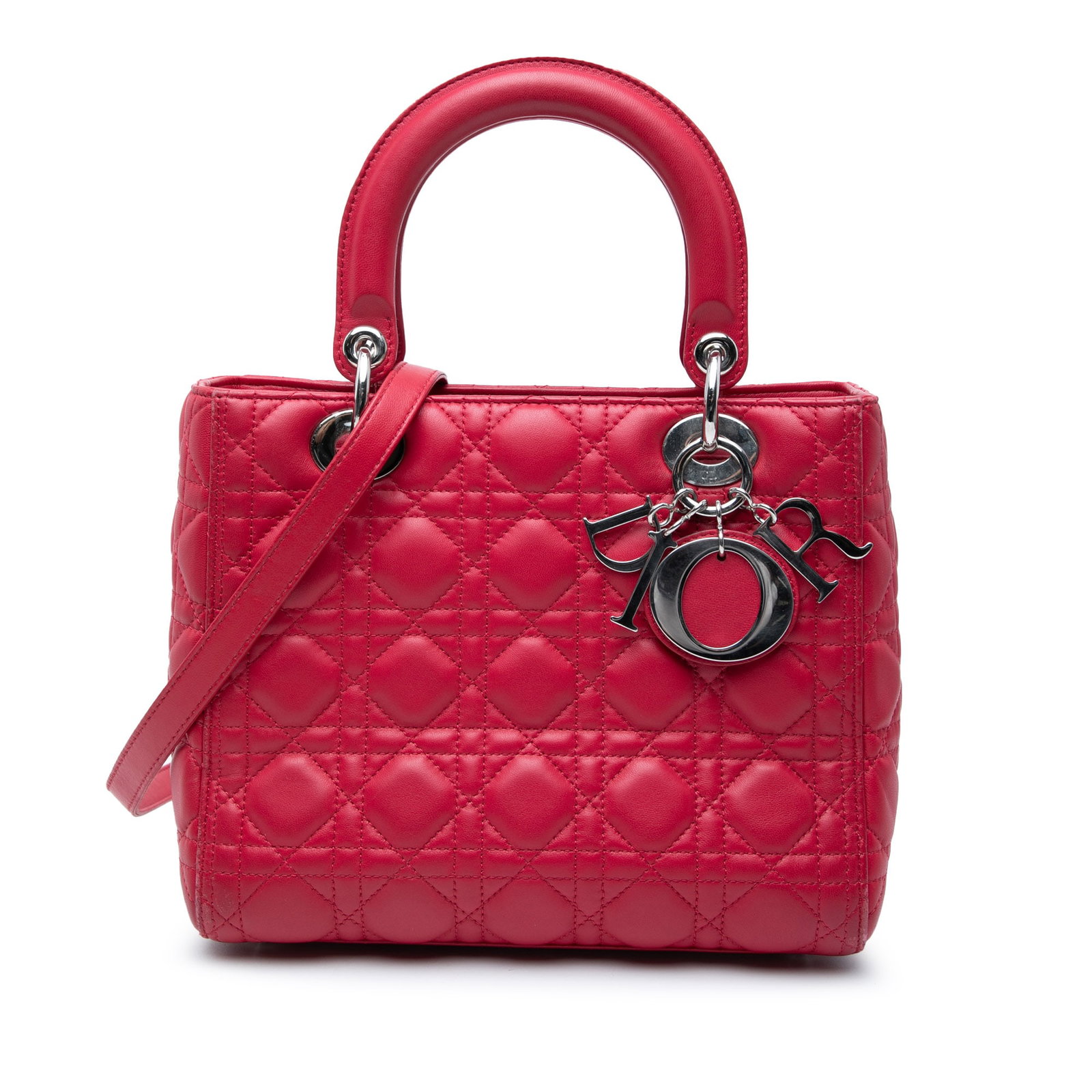 Dior Lady Dior Medium Red Quilted Lambskin Cannage Handbag with Strap: Dior Lady Dior Medium Red Quilted Lambskin Cannage Handbag with Strap This Lady Dior handbag features a quilted lambskin leather body in red, flat leather top handles, a detachable flat leather strap,