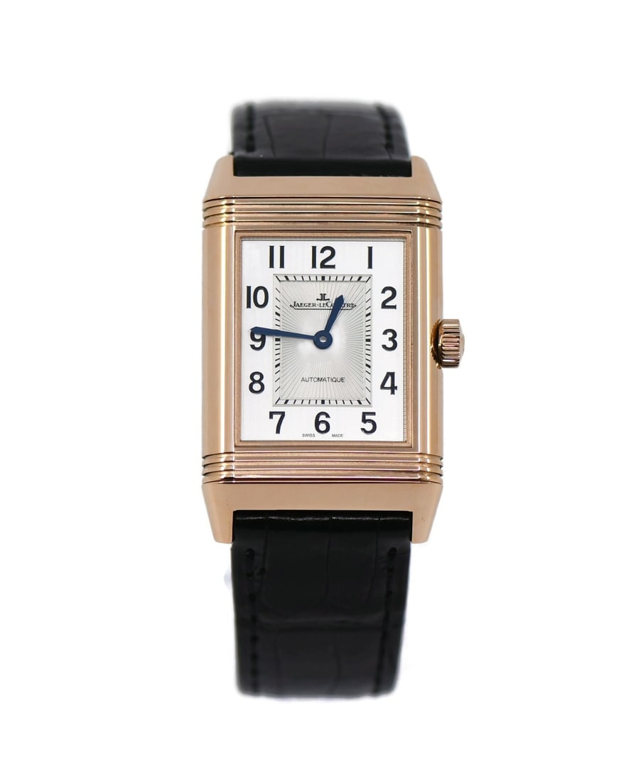 Jaeger-LeCoultre Reverso Duetto 18K Rose Gold Diamond Watch Q2572420: Jaeger-LeCoultre Reverso Duetto 18K Rose Gold Diamond Watch Q2572420 The Jaeger LeCoultre Reverso Duetto is a stunning wristwatch crafted from 18K rose gold, featuring a unique diamond bezel that adds