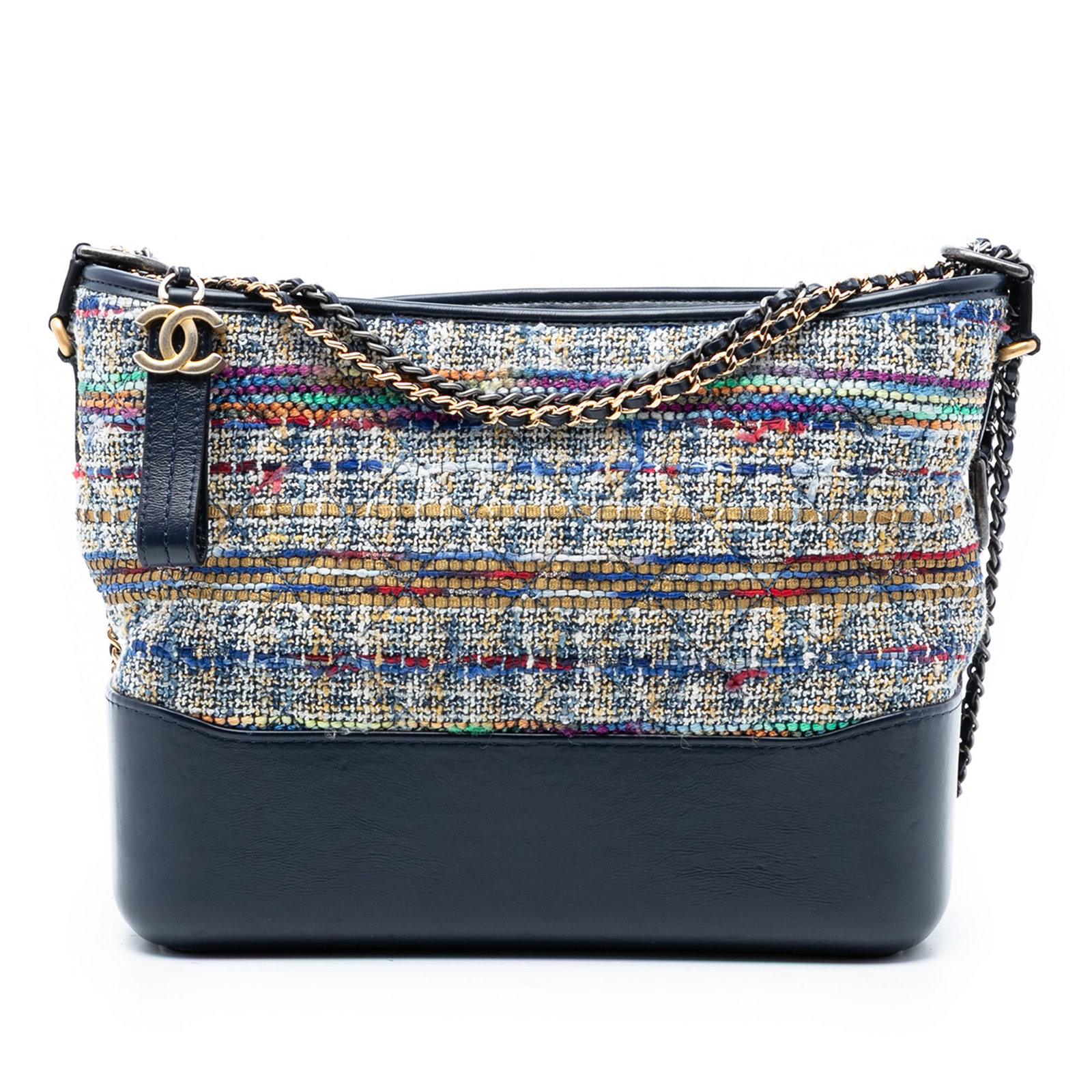 Chanel Gabrielle Medium Blue Tweed Lambskin Crossbody Bag: Chanel Gabrielle Medium Blue Tweed Lambskin Crossbody Bag This Chanel Medium Tweed and Lambskin Gabrielle Crossbody bag showcases a quilted tweed and lambskin leather body in blue, complemented by a w