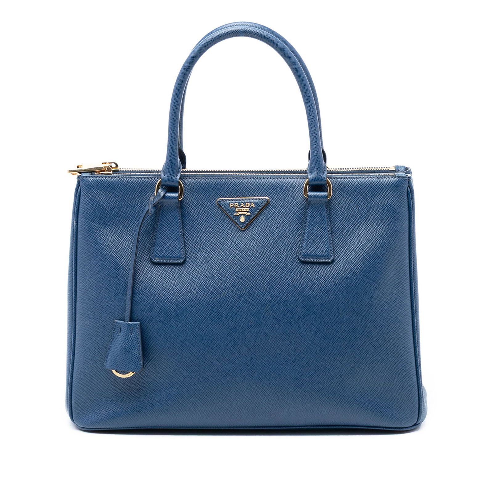 Prada Galleria Medium Blue Saffiano Leather Double Zip Satchel Bag: Prada Galleria Medium Blue Saffiano Leather Double Zip Satchel Bag This Prada Medium Saffiano Lux Galleria Double Zip Satchel features a blue saffiano leather body, rolled handles, an open top, dual z