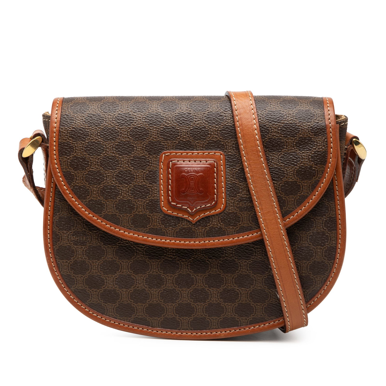 Celine Brown Macadam Pattern Coated Canvas Crossbody Bag with Leather Trim: Celine Brown Macadam Pattern Coated Canvas Crossbody Bag with Leather Trim This Celine Macadam crossbody bag features a coated canvas body with leather trim, an adjustable flat leather strap, a front 
