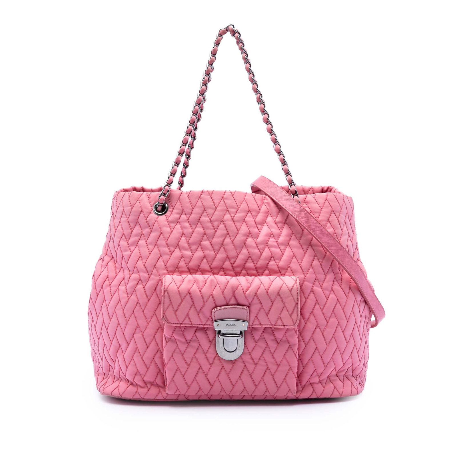 Pink Quilted Nylon Satchel Prada Impuntu Tessuto Chain Tote with Leather Strap: Pink Quilted Nylon Satchel Prada Impuntu Tessuto Chain Tote with Leather Strap This Prada Impuntu Tessuto Chain Tote features a quilted nylon body with chain-link woven nylon handles and a detachable 