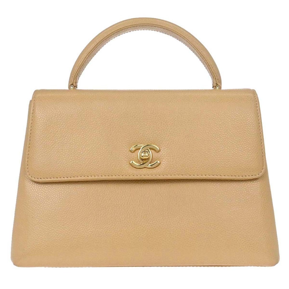 CHANEL Caviar Beige Calfskin Turnlock Top Handle Bag: CHANEL Caviar Beige Calfskin Turnlock Top Handle Bag This Chanel top handle handbag is crafted from beige leather and features the brand's signature logo accent. It has a large capacity and is equippe
