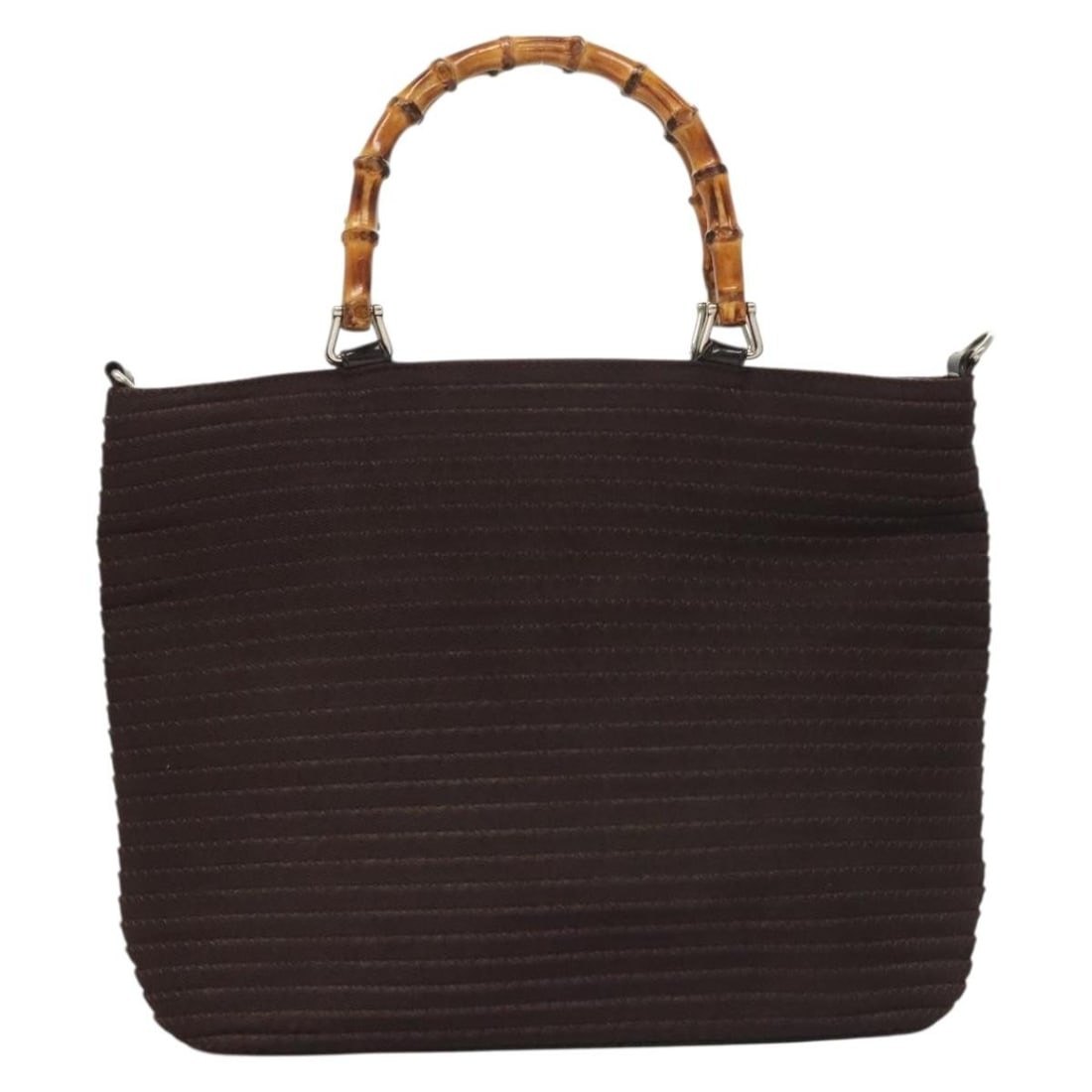 Gucci Brown Nylon Tote with Bamboo Handle Vintage Style: Gucci Brown Nylon Tote with Bamboo Handle Vintage Style This Gucci Vintage Bamboo Handle Tote for women features a brown synthetic body with bamboo handle accents. The bag measures 27cm x 24cm x 10cm 